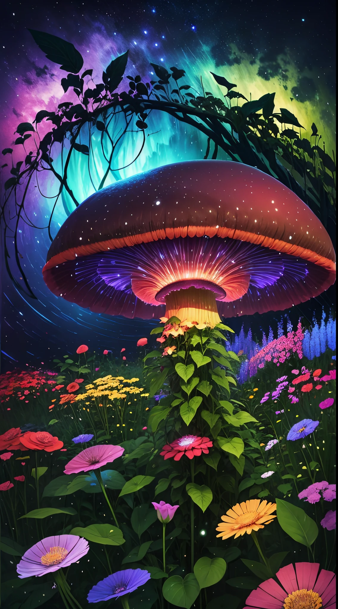 （（（Glowing giant rainbow mushroom，covered with vines，leafs，fresh flowers））），glowing light，Colorful，（（Best quality at best））， （（tmasterpiece）），dance，Enhanced dynamic viewing angle，Sparkling creek，（weeds），flowers blooming，glowing effect，ultra - detailed，Works of masters，high high quality，8K分辨率，depth of fields，电影灯光，Epic graphics，high high quality，ultra - detailed，Detailed pubic hair，Accurate，电影灯光