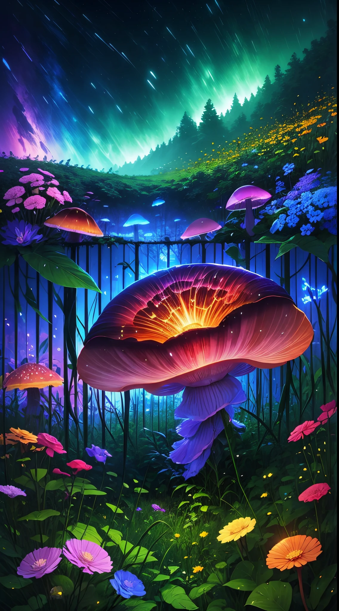 (((Glowing giant rainbow mushroom,covered with vines,leafs,fresh flowers))),glowing light,Colorful,((Best quality at best)), ((tmasterpiece)),dance,Enhanced dynamic viewing angle,Sparkling creek,(weeds),flowers blooming,glowing effect,ultra - detailed,Works of masters,high high quality,8K分辨率,depth of fields,电影灯光,Epic graphics,high high quality,ultra - detailed,Detailed pubic hair,Accurate,电影灯光