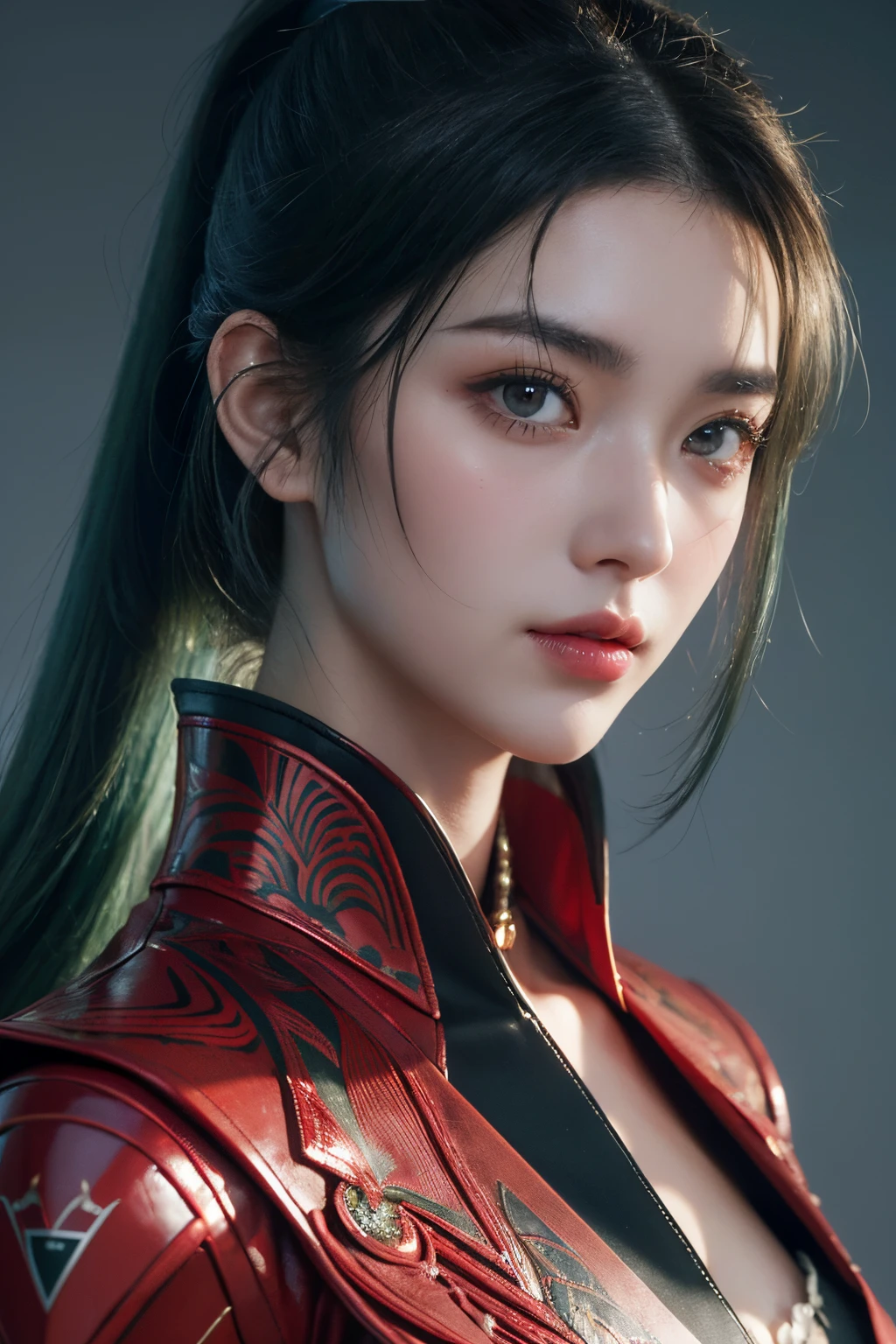 tmasterpiece,Best quality at best,A high resolution,8K,(portrait),(Close up of avatar),(RAW photogr),real photograph,digital photography,(science fiction queen),20岁女孩,long ponytail hairstyle,By bangs,(Dark green hair),(Glowing red eyes),Devil Eyes,Serious and charming,A plump chest,cleavage,(There are ancient red patterns on the face),luxury accessories,Keep your mouth shut,elegant and charming,serious and arrogant,Calm and handsome,(depression angle),Combat uniforms,(Battle Queen),Photo pose,Future Style,gray world background,oc render reflection texture