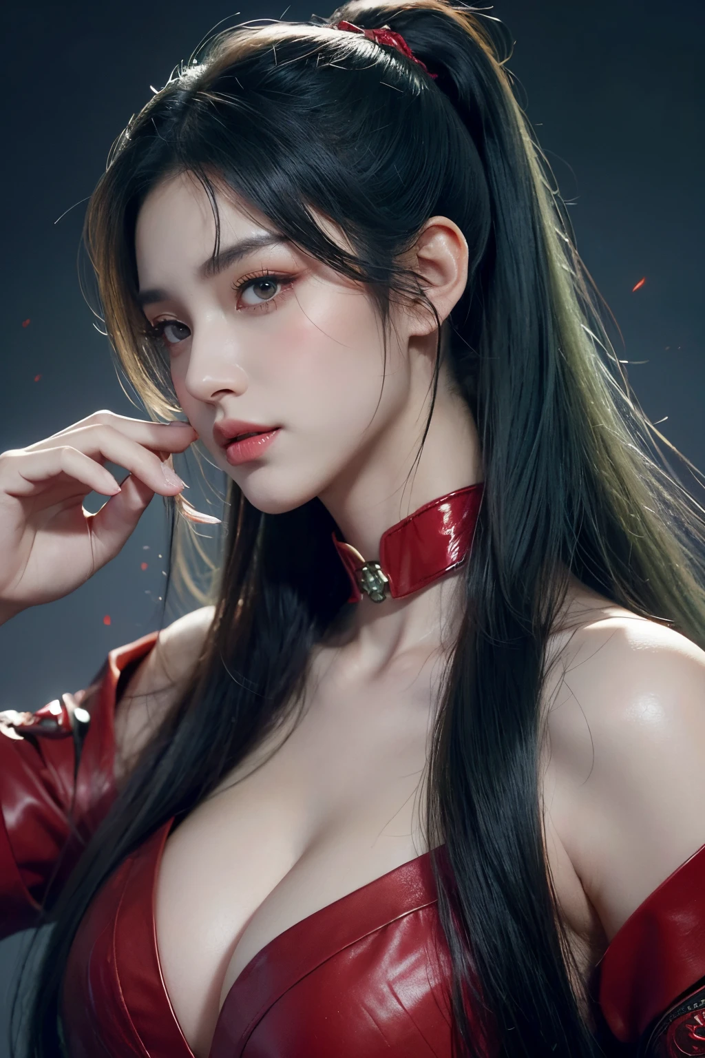 tmasterpiece,Best quality at best,A high resolution,8K,(portrait),(Close up of avatar),(RAW photogr),real photograph,digital photography,(Overlooking the audience),(science fiction queen),20岁女孩,long ponytail hairstyle,By bangs,(Dark green hair),(Glowing red eyes),Devil Eyes,Serious and charming,A plump chest,cleavage,(There are ancient red patterns on the face),luxury accessories,Keep your mouth shut,elegant and charming,serious and arrogant,Calm and handsome,(depression angle),Combat uniforms,(Battle Queen),Photo pose,Future Style,gray world background,oc render reflection texture