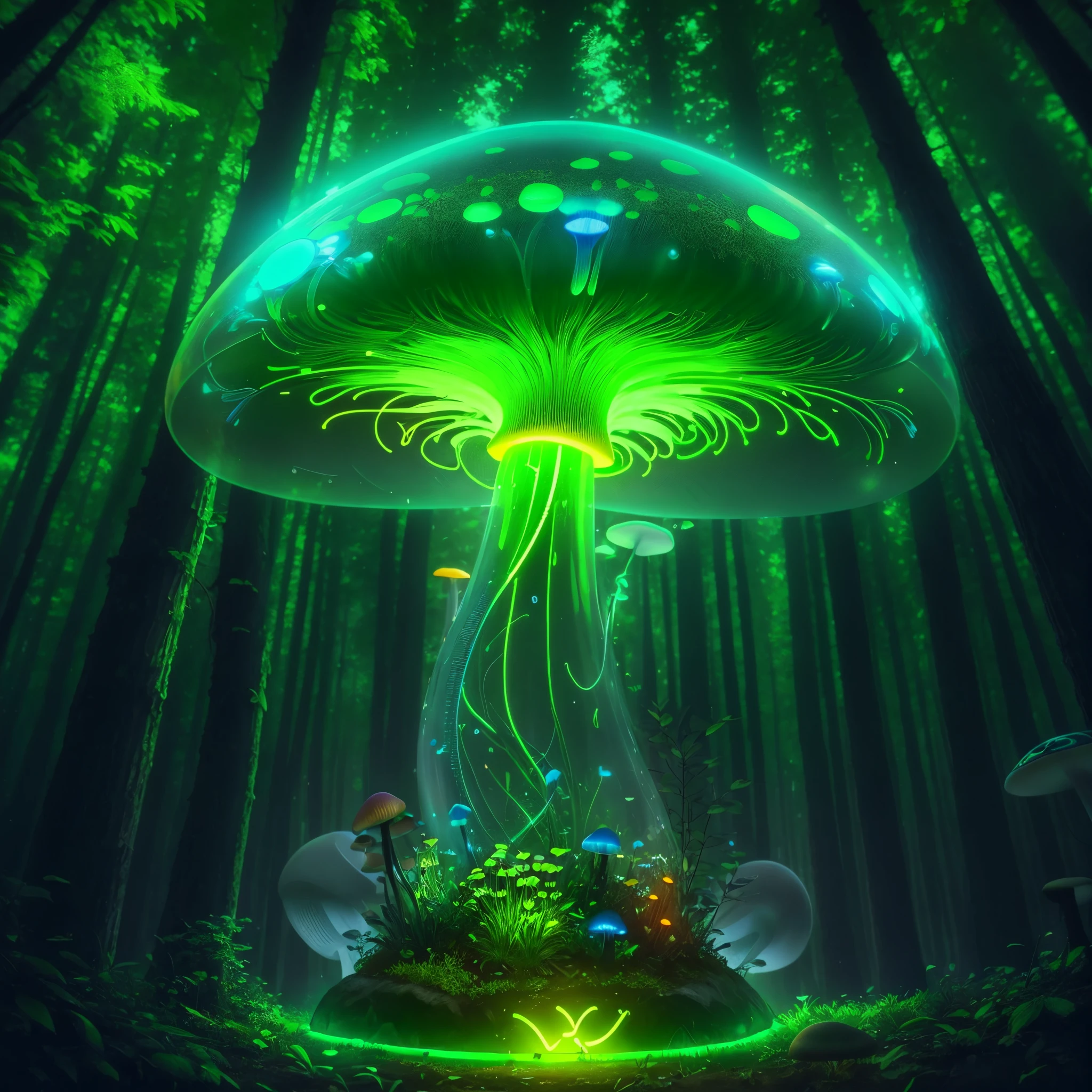 1 transparent glowing mushroom, ((Solo)), Colorful transparent luminous plastic，cyber punk perssonage，industrial design，cleanness，luminous neon lights，forest backgrou，ultra-realistic realism，hyper HD，high detal，best qualtiy