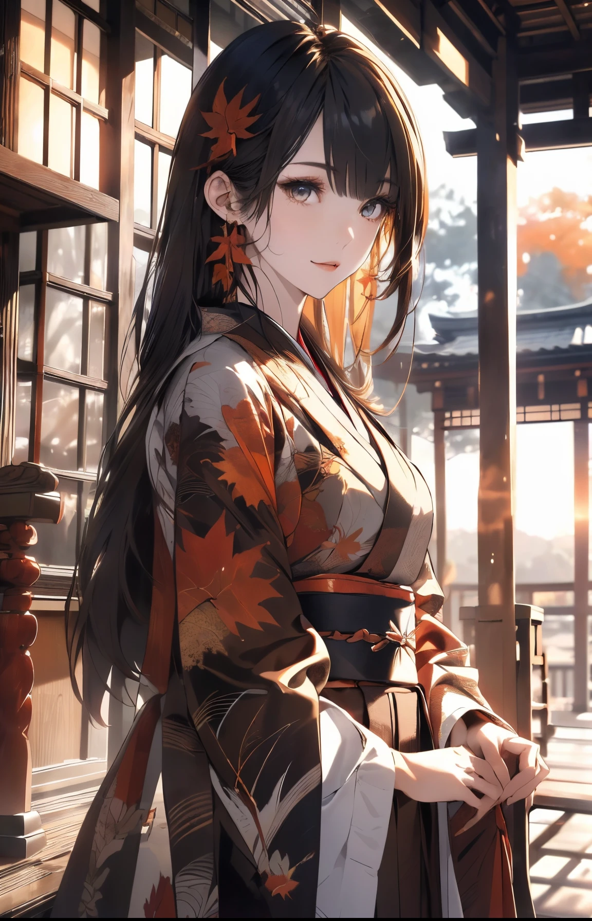 ((masterpiece,hight resolution,8K picture quality,top-quality)),1girl in,((extra detailed face)),femele,Delicate eyes,((Crimson eyes)),((hairstyle on:Straight Long,A dark-haired,Hair that hits the light is dark red)),red classical pattern ribbon,Dark orange classic pattern kimono,Modern taste,Taisho,Smile tastefully,Natural complexion,Brown leather southern pattern collar,sun light,sunset,((autumnal,Colored leaves,You can see the sunset from the veranda,Japanese garden,traditional Japanese room,evening glow,Watching the sunset from the porch)),