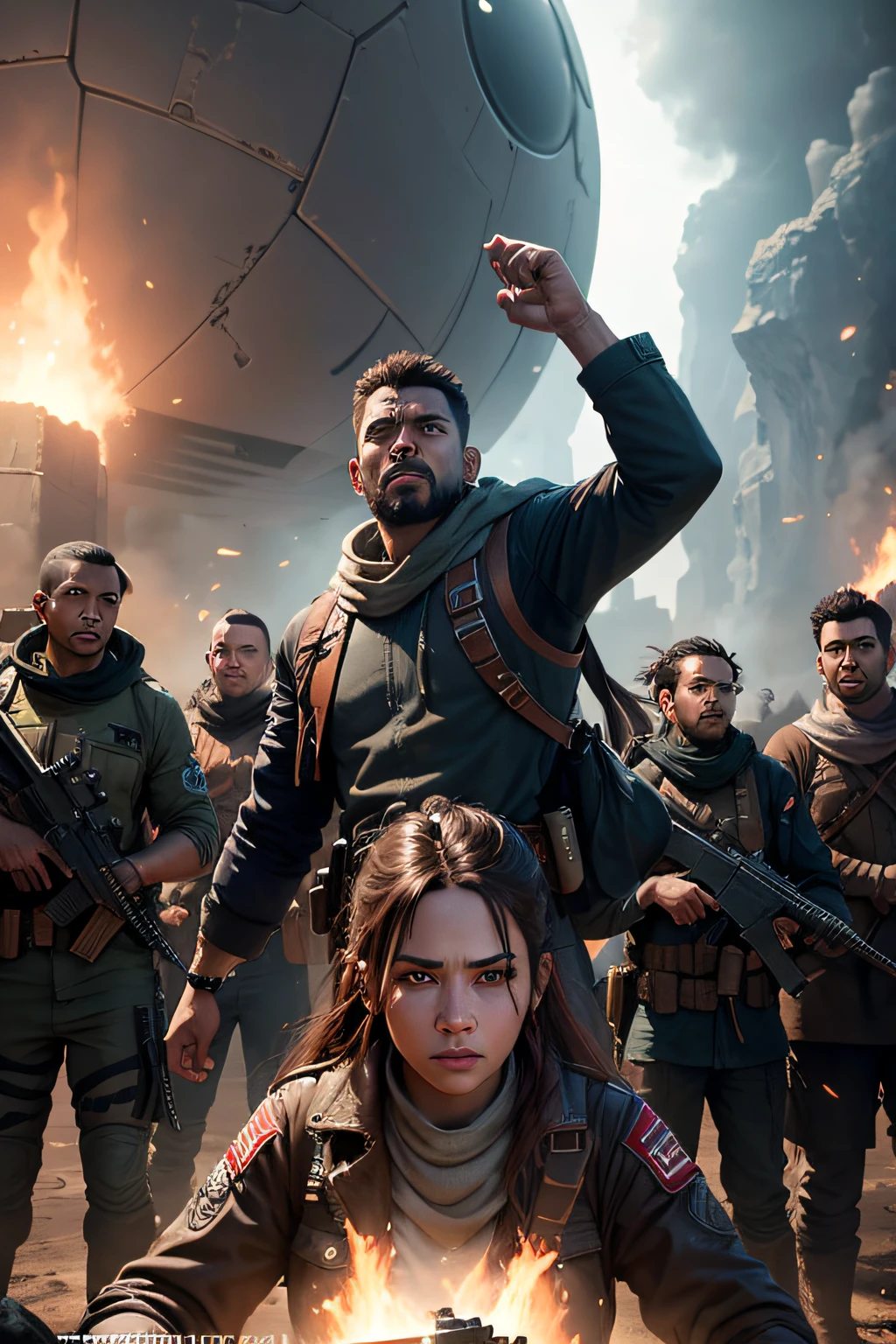Realistic, personality: [The rebels, a diverse group of individuals, stand in defiance. They gather together, their determined expressions showing their resilience and courage. They are ready to fight against the aliens who have taken everything from them. The camera captures their united front, emphasizing their unity and resolve] unreal engine, hyper real
