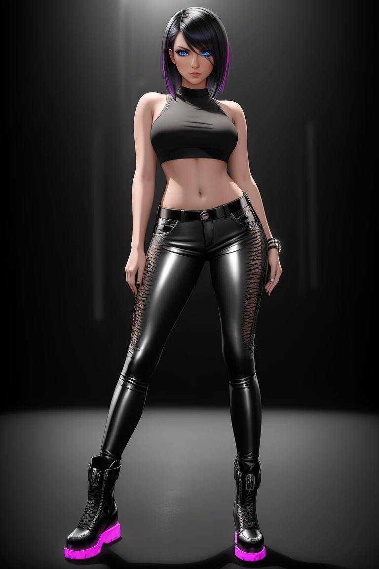 beautiful girl, ((standing:1.4)), (confident gaze:1.1), full body, short bright neon streaked black hair, ((realistic highly detailed eyes:1.4)), ((seductive pose:1.2)), black eyeshadow, (street style wear:1.2), ((tight fitted pants)), ((knee high leather boots)), (dark city night black background:1.4), dark makeup, digital art, trending on artstation, highly detailed, fine detail, intricate, detailed facial features, sharp focus, smooth, aesthetic,
