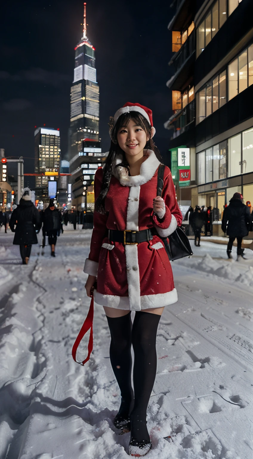 santa claus, japanaese girl, city, Night, Snow, Skyscrapers