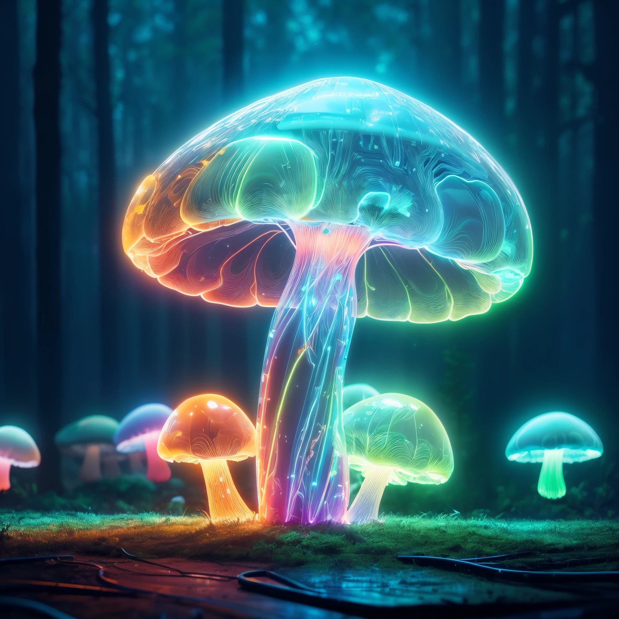 1 transparent glowing mushroom, Colorful transparent luminous plastic，cyber punk perssonage，industrial design，cleanness，luminous neon lights，forest backgrou，ultra-realistic realism，hyper HD，high detal，best qualtiy，8k