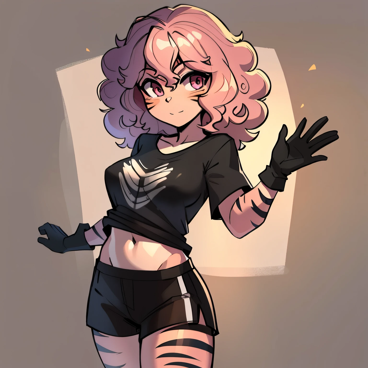 1girl, simple t-shirt with Gender Fluid print, Black shorts, Wave facing the screen, Medium sized breasts , curly hair, long E-girl gloves (pink and black stripes).