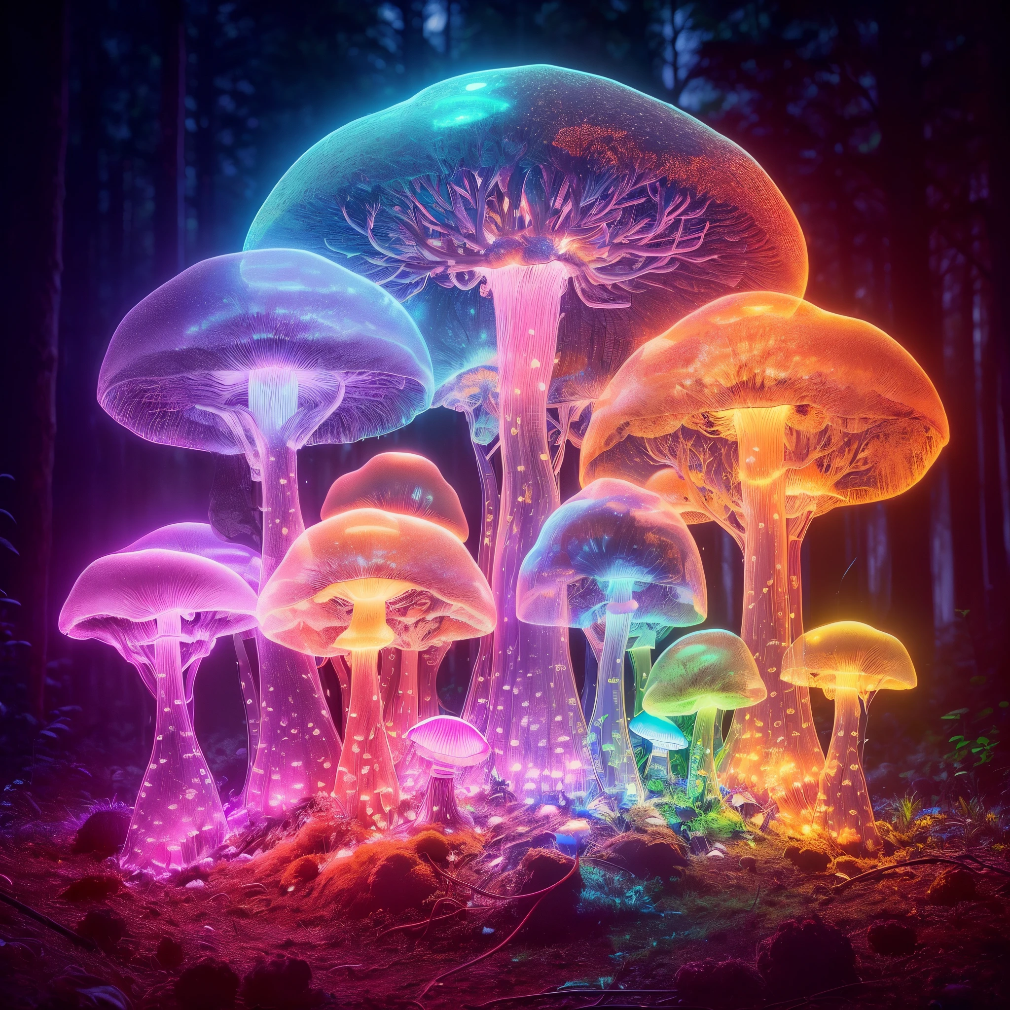 1 transparent glowing mushroom, Colorful transparent luminous plastic，cyber punk perssonage，industrial design，cleanness，luminous neon lights，forest backgrou，ultra-realistic realism，hyper HD，high detal，best qualtiy，8k