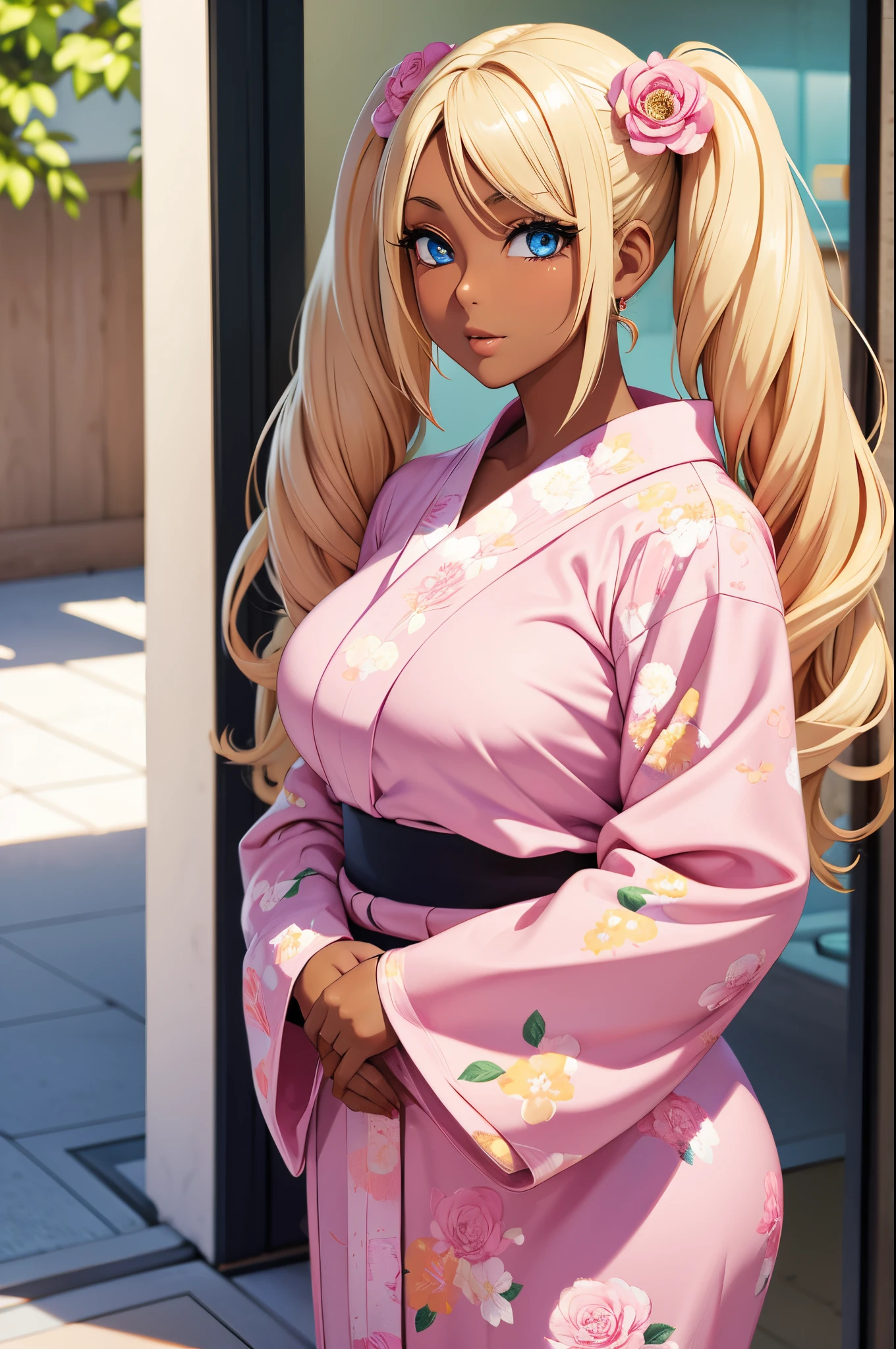 Female Gyaru, Twintail Blonde hair, Blue eyes, dark brown skin, large breasts, wearing a white and pink yukata with floral accents