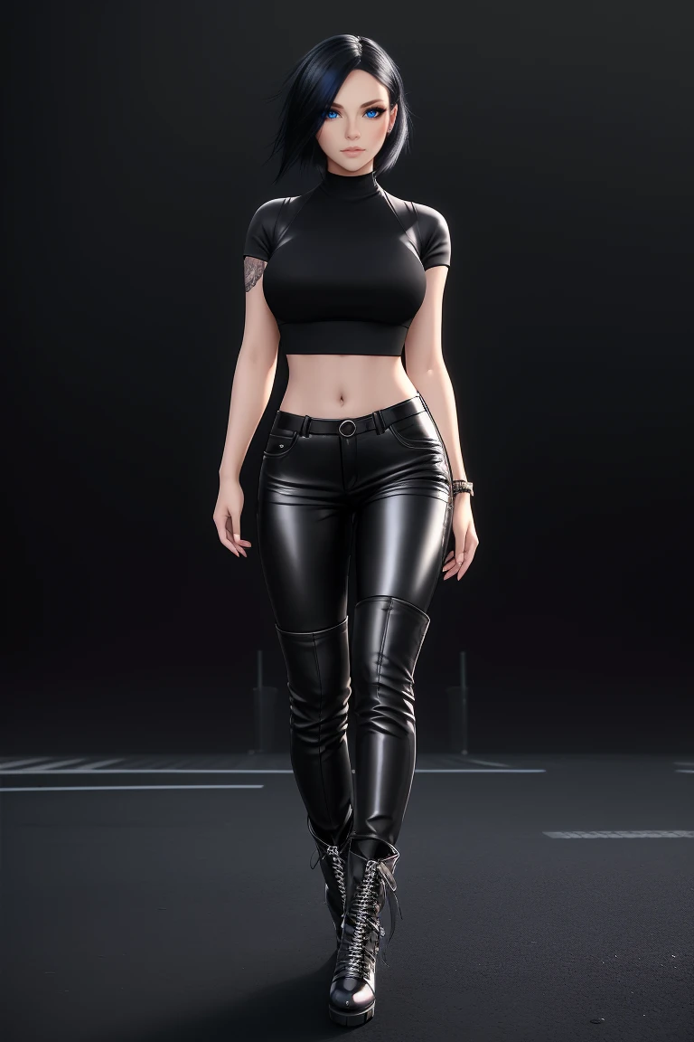 beautiful girl, ((standing:1.4)), (confident gaze:1.1), full body, short bright neon streaked black hair, ((realistic highly detailed eyes:1.4)), ((seductive pose:1.2)), black eyeshadow, (street style wear:1.2), ((tight fitted pants)), ((knee high leather boots)), (dark city night black background:1.4), dark makeup, digital art, trending on artstation, highly detailed, fine detail, intricate, detailed facial features, sharp focus, smooth, aesthetic,