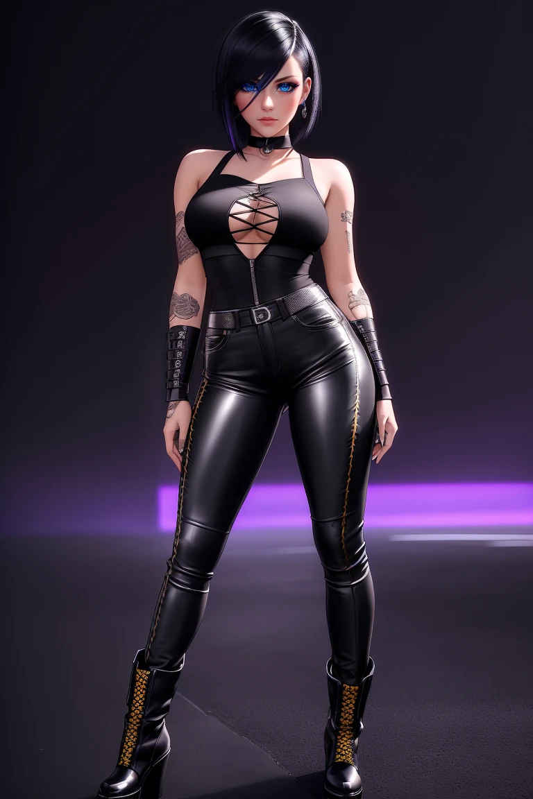 beautiful girl, ((standing:1.4)), (confident gaze:1.1), full body, short bright neon streaked black hair, ((realistic highly detailed eyes:1.4)), ((seductive pose:1.2)), black eyeshadow, (street style wear:1.2), ((tight fitted pants)), ((knee high leather boots)), (dark city night black background:1.4), dark makeup, digital art, trending on artstation, highly detailed, fine detail, intricate, detailed facial features, sharp focus, smooth, aesthetic,