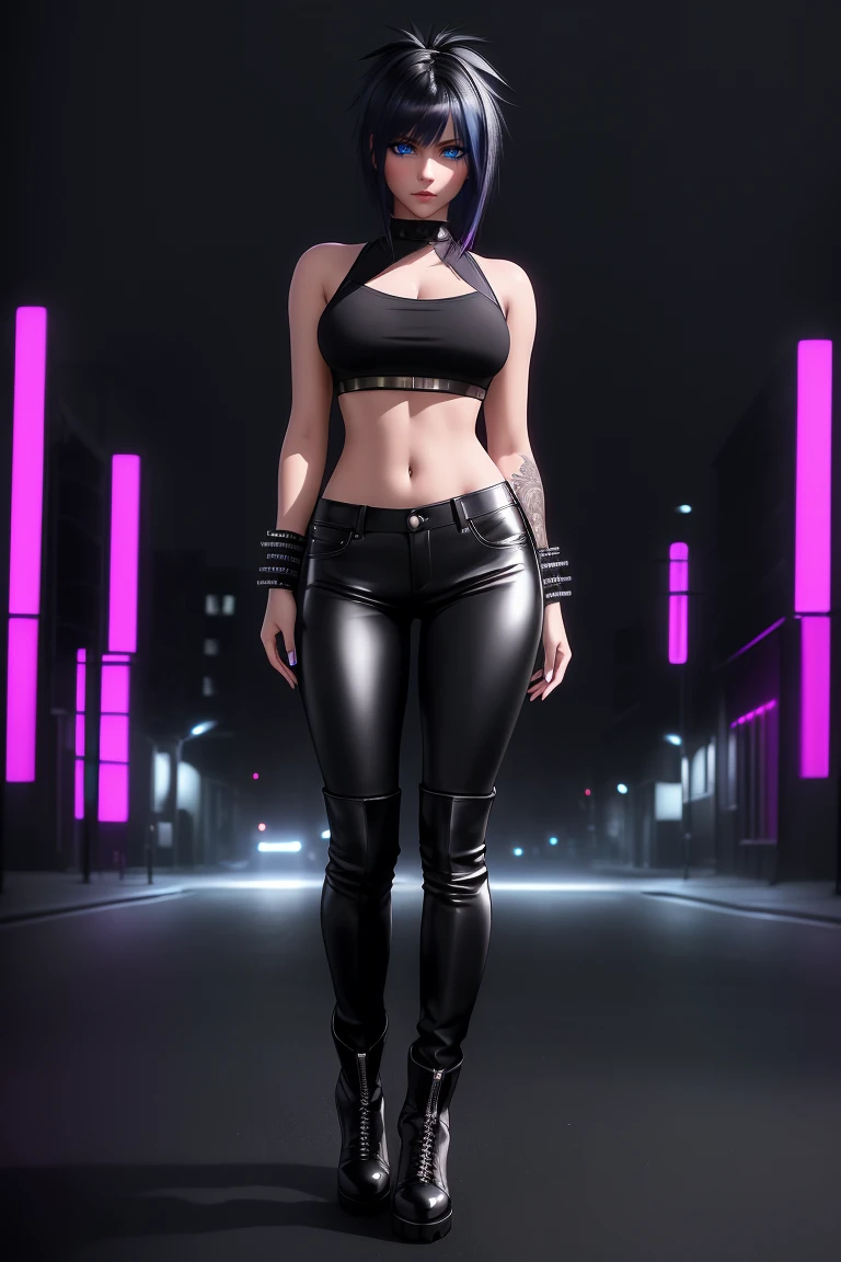 beautiful girl, ((standing:1.4)), (confident gaze:1.1), full body, short bright neon streaked black hair, ((realistic highly detailed eyes:1.4)), ((seductive pose:1.2)), black eyeshadow, (street style wear:1.2), ((tight fitted pants)), ((knee high leather boots)), (dark city night black background:1.4), dark makeup, digital art, trending on artstation, highly detailed, fine detail, intricate, detailed facial features, sharp focus, smooth, aesthetic,