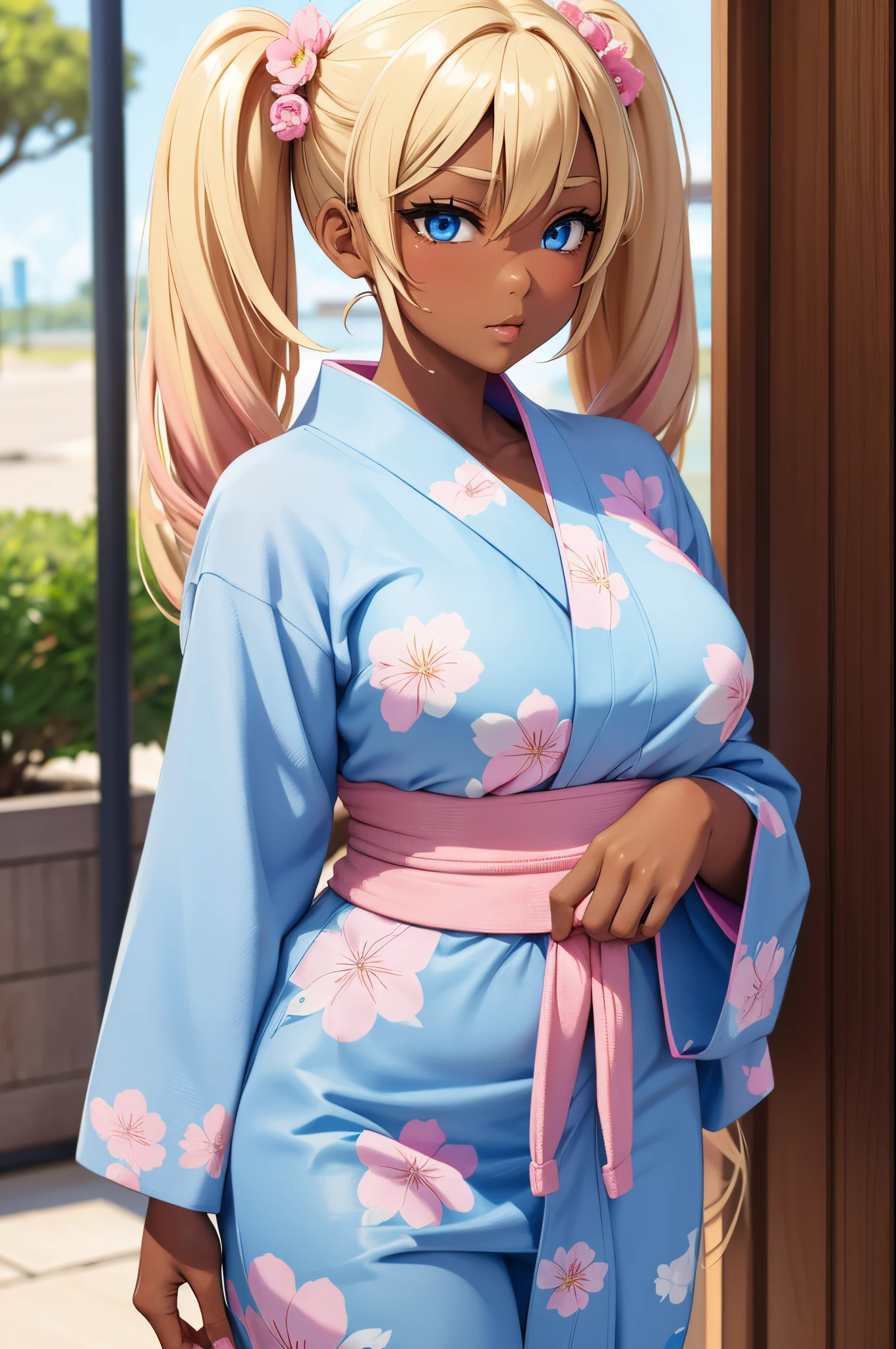 Dark-skinned_female, poitrine, gros seins, voluptueux, cuisses épaisses, hanches larges, gros cul, cul massif, dreadlocks, Haute résolution, regarder la visionneuse, poser sexuellement, room, Regard séduisant, yukata, flower on hair, japanese clothes, 