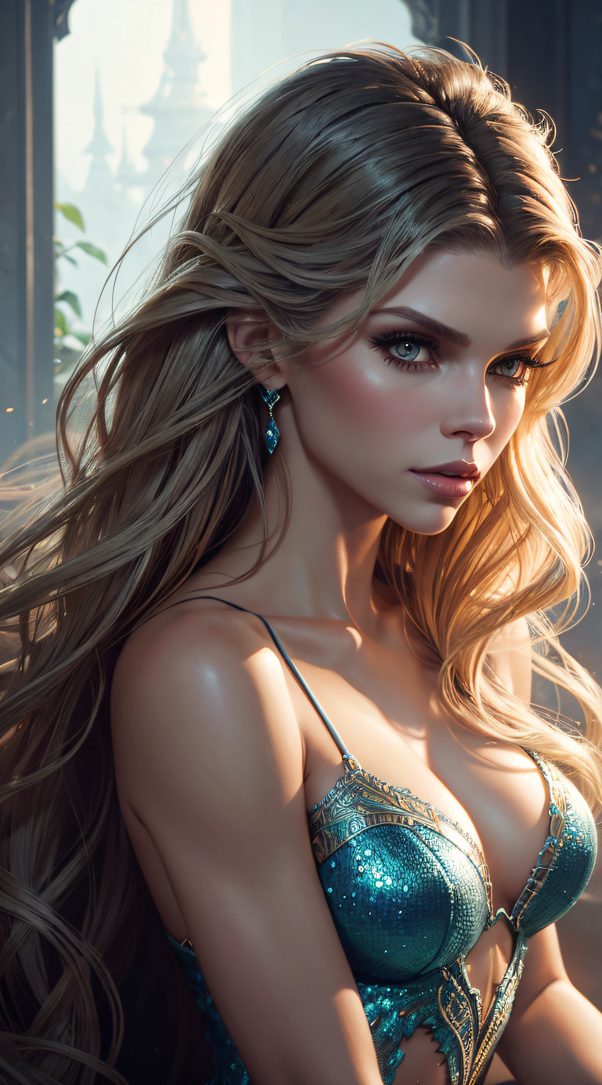 AnnaLynne McCord, mermaid sexy clothes, character portrait, 2 9 9 0 s, long hair, intricate, elegant, highly detailed, digital painting, artstation, concept art, smooth, sharp focus, illustration, art by wlop, charlie bowater and alexandra fomina