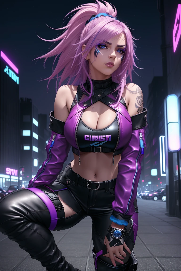 beautiful girl, full body, short bright blue and magenta streaked dishevelled hair, large blue piercing eyes, black eyeshadow, (street style wear:1.2), ((tight fitted pants)), ((knee high leather boots)), (city night background:1.2), dark makeup, digital art, trending on artstation, highly detailed, fine detail, intricate,  beautiful detailed glow, detailed, Cinematic light, high-res, detailed facial features, sharp focus, smooth, aesthetic,