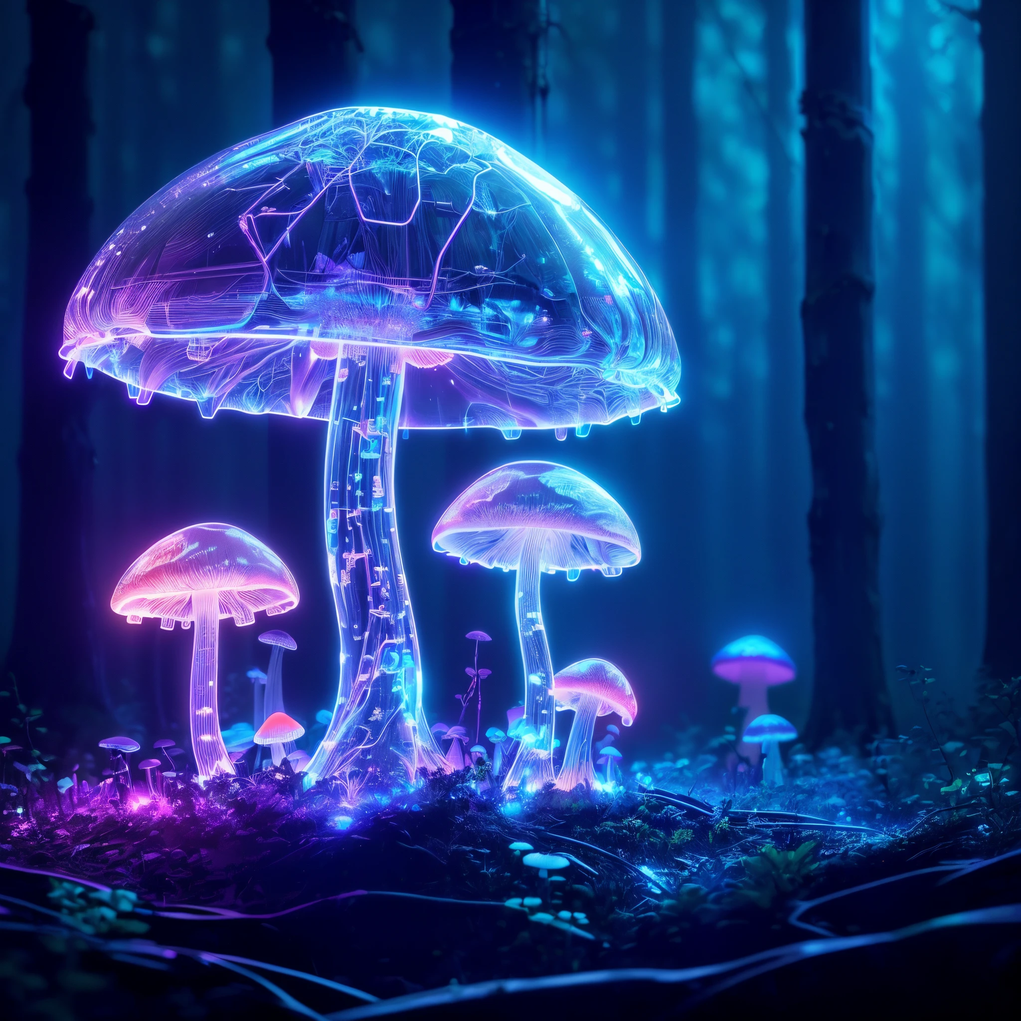 1 transparent glowing mushroom, Colorful transparent luminous plastic, cyber punk perssonage, industrial design, Clean, glowing neon lights, forest backgrou, Surreal, hyper HD, high detal, Best quality at best, 8K