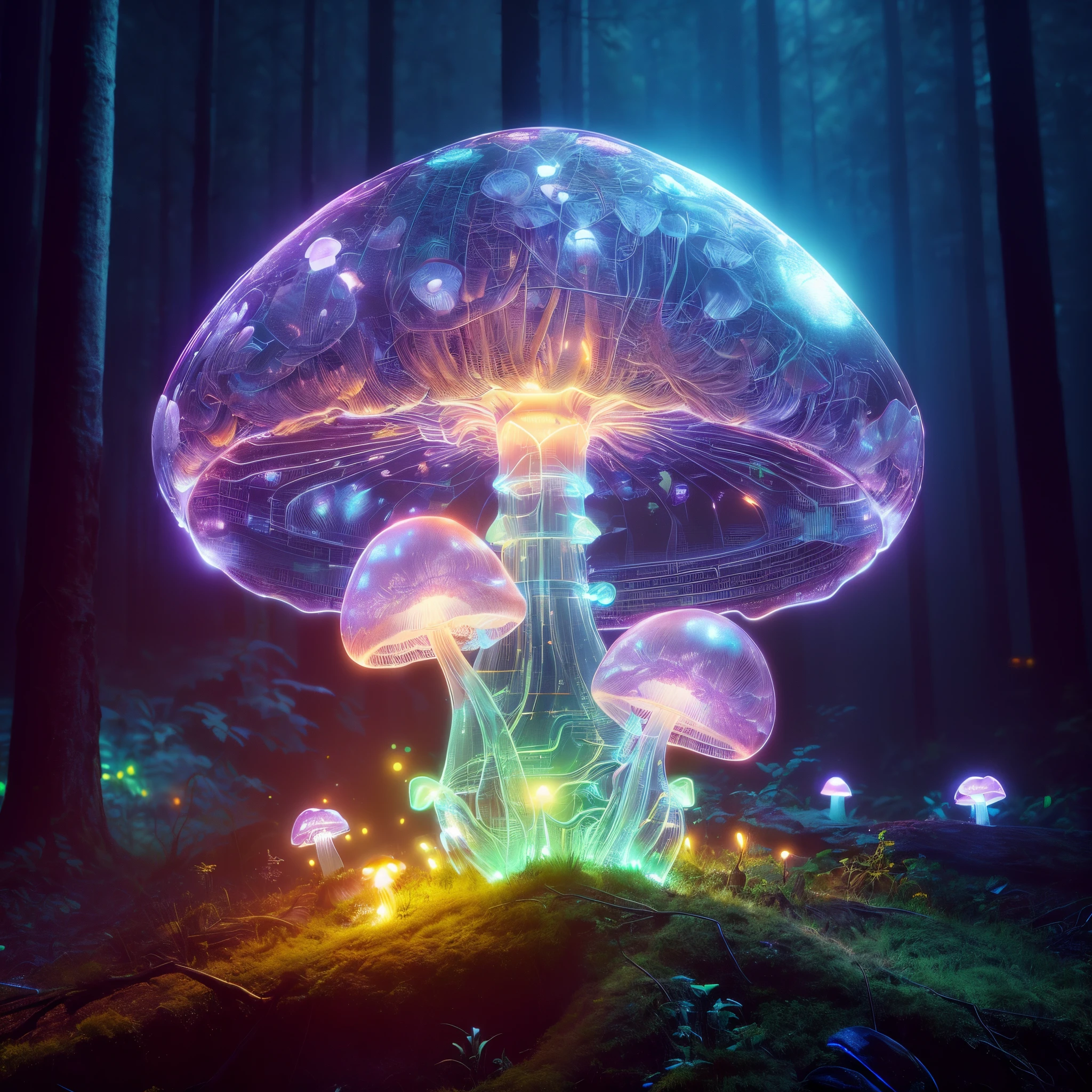 1 transparent glowing mushroom, Colorful transparent luminous plastic, cyber punk personage, industrial design, Clean, glowing neon lights, forest backgrou, Surreal, hyper HD, high detal, Best quality, 8K