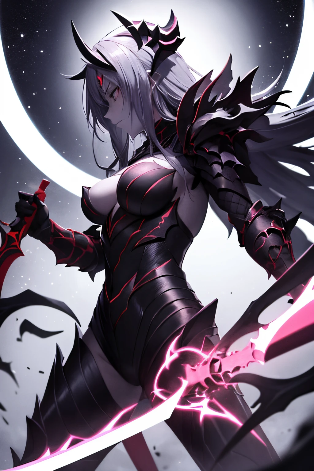 warrior, holding a black corrupted demon sword, fighting a cosmic being, wearing a red and black armor, peak human, 4k, masterpiece, profile picture, fight pose, use her ultimate