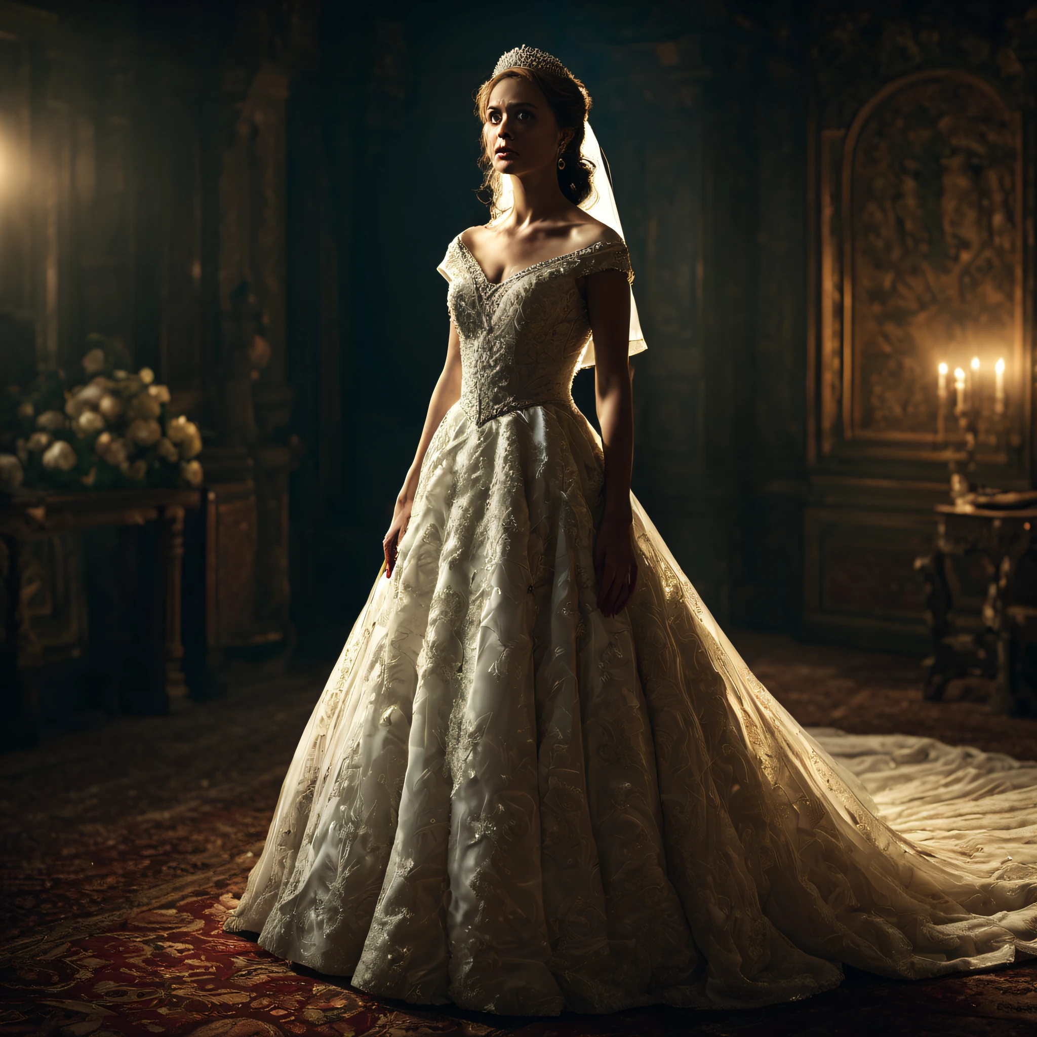 movie scenes, (full-body: 1.5), a frightened bride, wedding dress, mysterious, ancient, intricate detail, highly detailed, volumetric lighting, 4k rendering, stock photo, ultra-realistic, realistic textures, dramatic lighting, depth of field, film, (very wide angle: 1.3), dark light