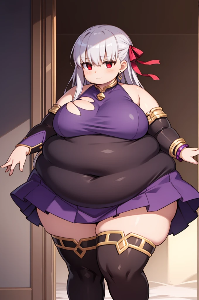 obese fgokama, kama, hair ribbon, (red eyes:1.5), red ribbon, ribbon, long hair, white hair,
BREAK armlet, bare shoulders, bikini armor, fat arms, fat butt, bracelet, collar, detached sleeves, dress, earrings, floral print, jewelry, metal collar, miniskirt, pelvic curtain, purple dress, purple skirt, purple sleeves, purple thighhighs, ring, skirt, thighhighs, thickthighs, thighlet,
BREAK looking at viewer,
BREAK indoors, bed, dark room, sexy bed
BREAK (masterpiece:1.2), best quality, high resolution, unity 8k wallpaper, (illustration:0.8), (beautiful detailed eyes:1.6), extremely detailed face, perfect lighting, extremely detailed CG, (perfect hands, perfect anatomy),