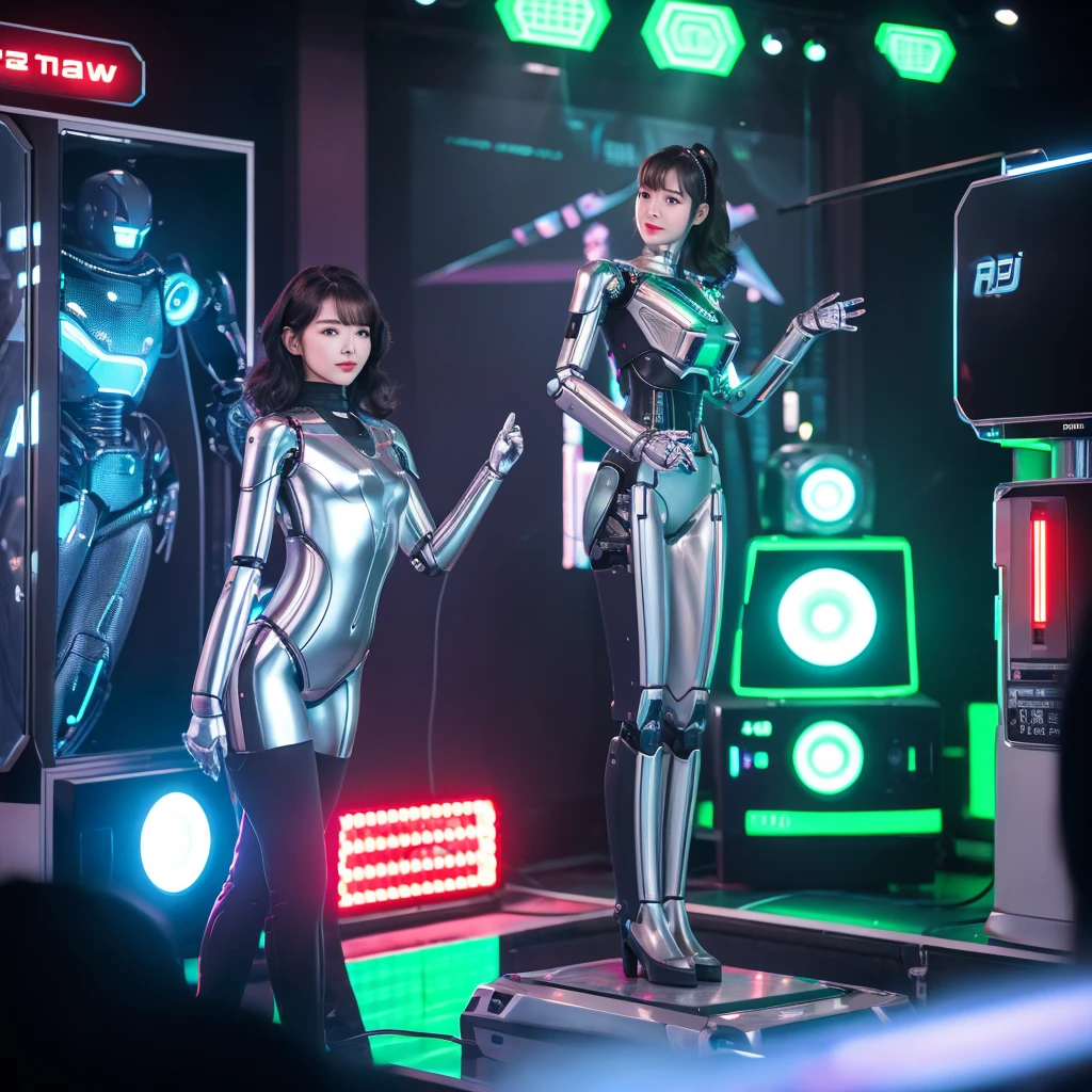 woman dressed as a robot、The model is a Japanese woman in her 40s.、short black wavy hair、Retro design robot body、Silver metallic body from the neck down、chubby figure、antenna shaped ears、eyes flashing green、Pupils glow red、deadpan、Connected to a cable、The background is the event space of a department store.、The robot woman is introducing herself.、Next to the robot woman, the image of a woman when she was a human is displayed on the monitor.、robot pose、Composition in which the whole body is visible