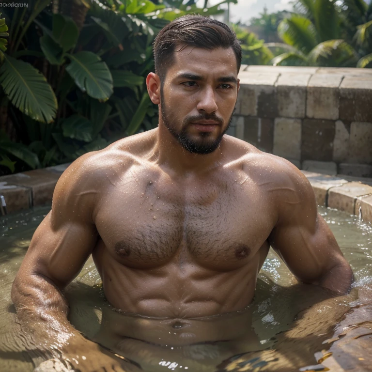 (8K, 4K, Best Quality, High Resolution: 1.2), (Masteristic, Realistic, Photoreal: 1.4), 1 man, Solo, handsome face, Upper Body, Open-air bath, buzz cut, beard, muscle, Indonesian