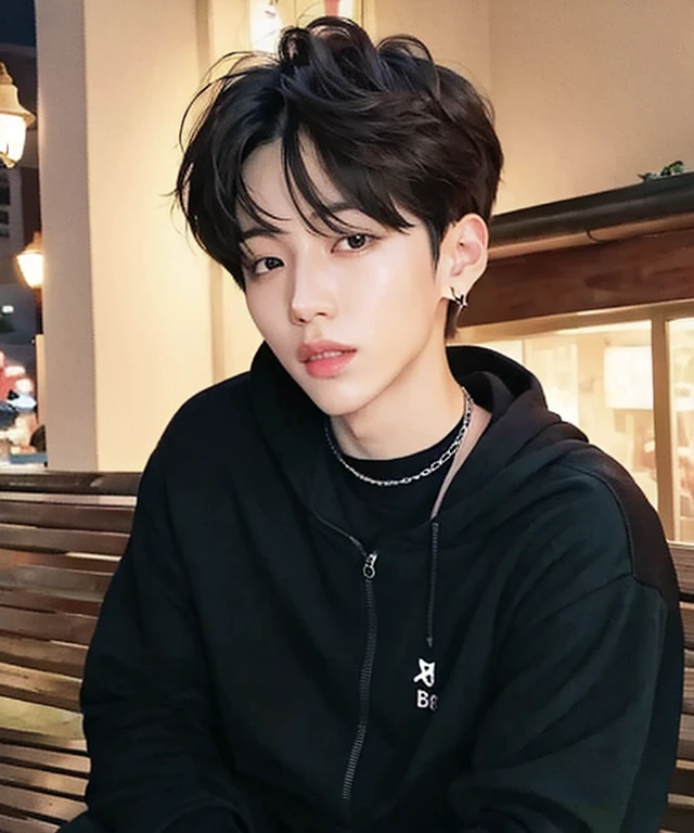 there is a man sitting on a bench with his hand on his chin, male ulzzang, kim doyoung, portrait of jossi of blackpink, cai xukun, young wan angel, in a black hoodie, jossi of blackpink, handsome japanese demon boy, hyung tae, inspired by Bian Shoumin, jinyoung shin, with short hair, boy has short black hair, LalaportBBCC Malaysia, Nighttime Background.