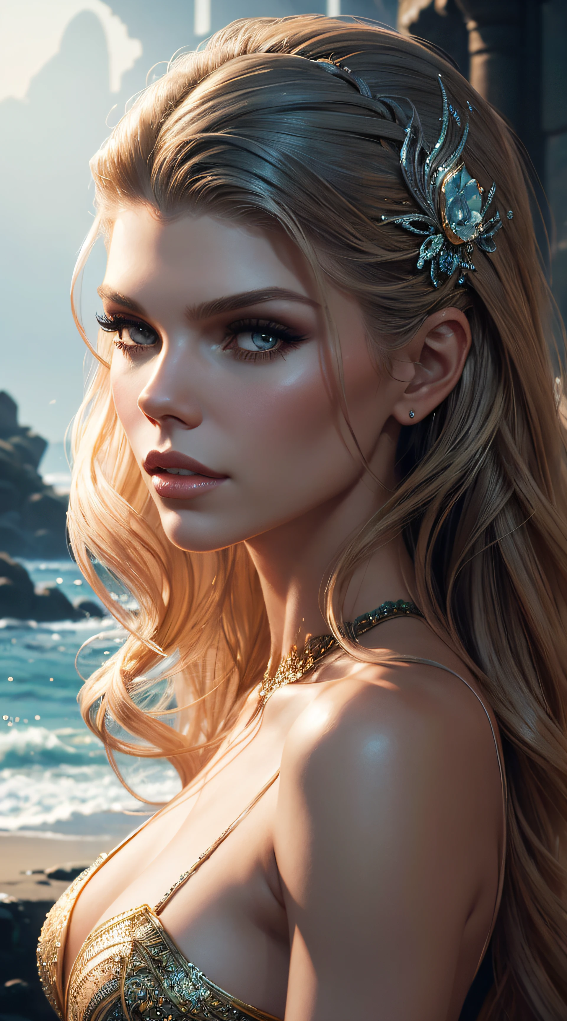 AnnaLynne McCord, mermaid sexy clothes, character portrait, 2 9 9 0 s, long hair, intricate, elegant, highly detailed, digital painting, artstation, concept art, smooth, sharp focus, illustration, art by wlop, charlie bowater and alexandra fomina