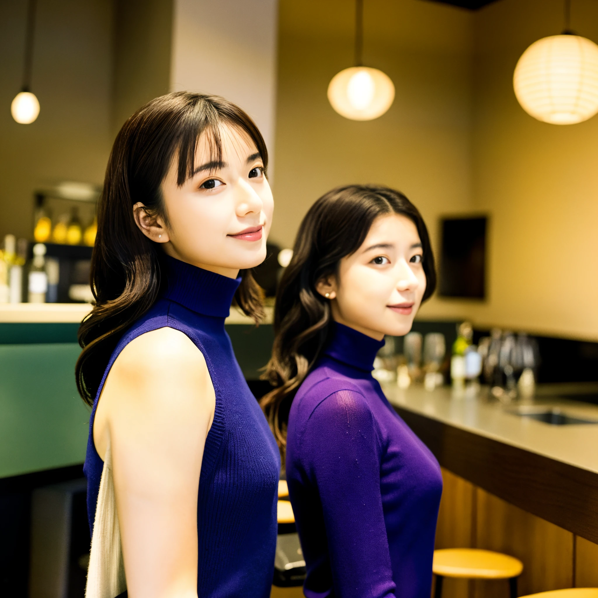 Two Japan girls, drinking wine at the bar counter, (Wearing a turtleneck bodycon knit dress), (photoshoot style, Shooting from front, Upperney Statue, body facing forward), 26 years old, (toned body type:1.2, Tall Height 5.35 feet), (normal breast :1.2, Hemispherical chest silhouette:1.2), little smiling, Perorbital swelling, One-length hair, Natural bangs, detailed brown eyes, Detailed finger,, (Photorealsitic:1.4), (High-resolution details of human skin texture:1.2, Rough skin:1.2, Uneven skin tone:1.6, Skin texture must be natural:1.1), top-quality, masterpiece, High resolution, Raw photo, natural soft light, Professional Lighting