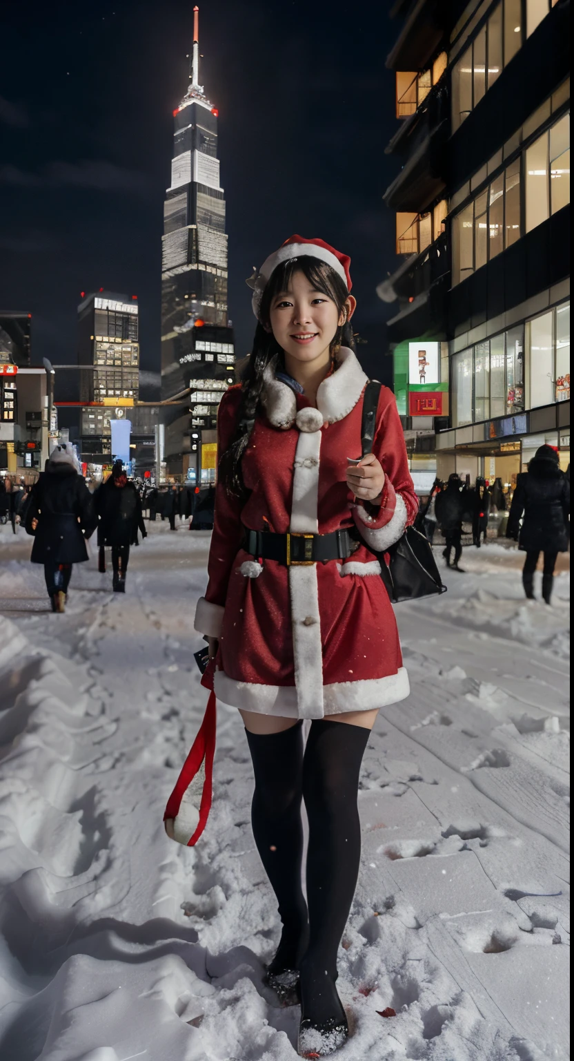 santa claus, japanaese girl, city, Night, Snow, Skyscrapers