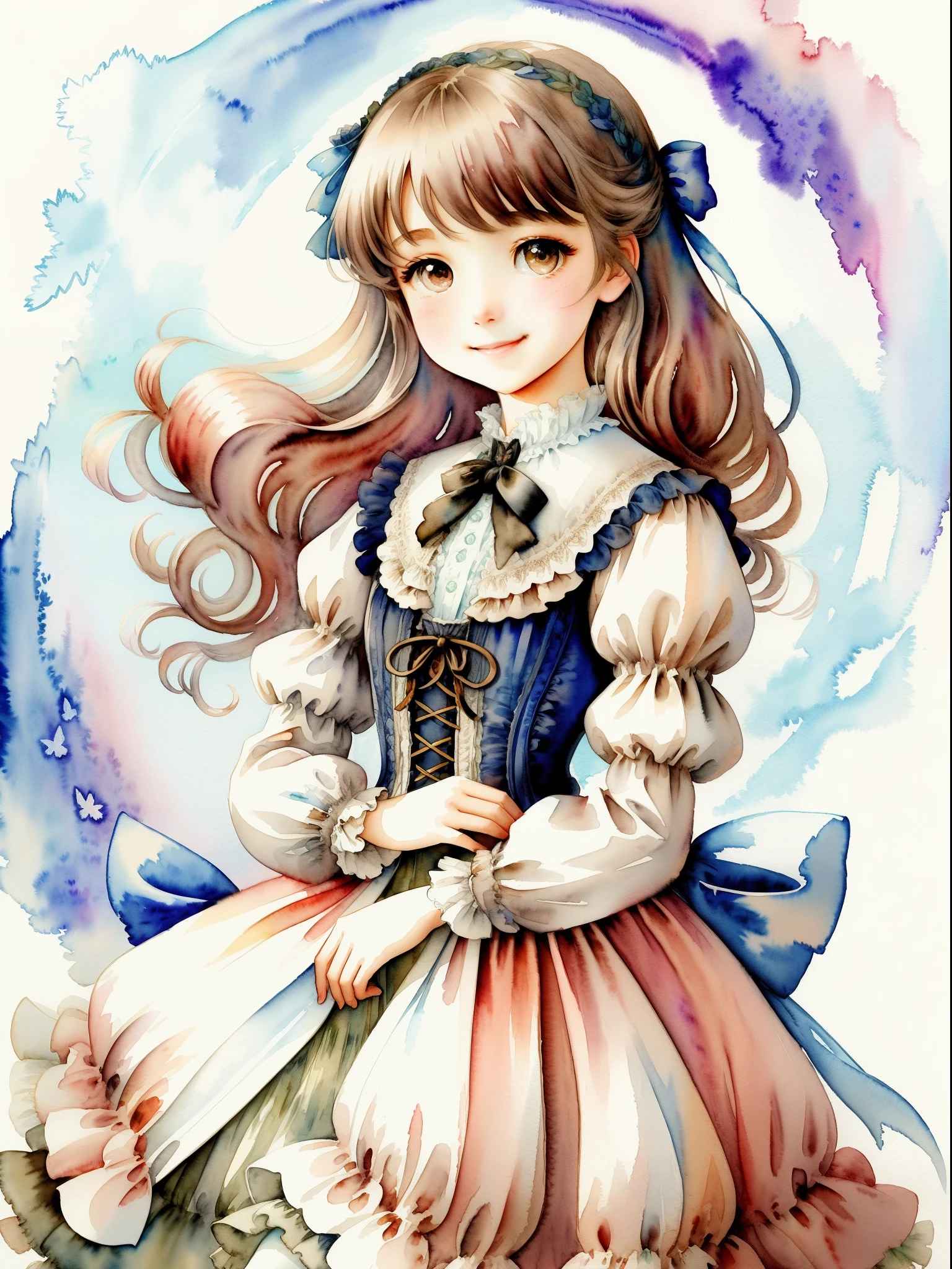 illustratio、watercolor paiting、 Fantasia、 victorian girl、length hair、cute little、Deformed、portraitures、Smile