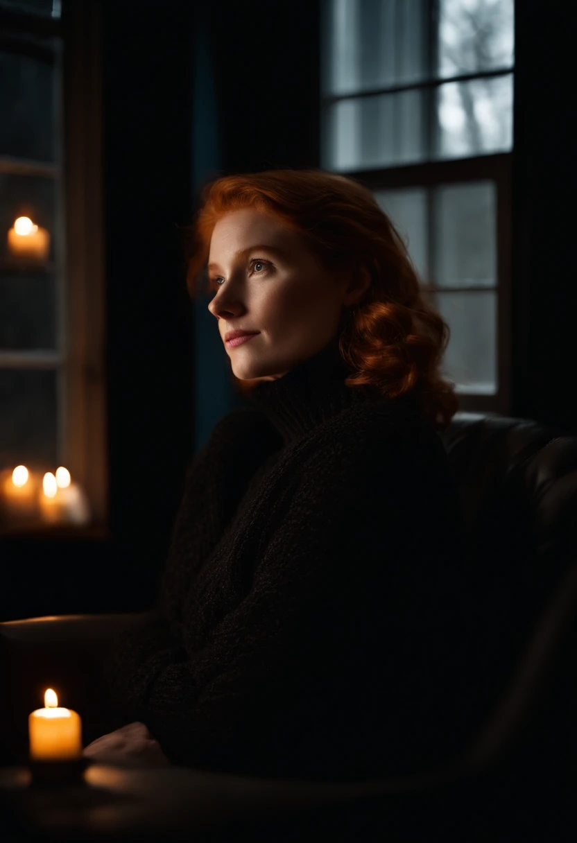 Low-angle portrait of a pale ginger redhead (she's wearing a black knit sweater :1.2) curled up in a comfortable chair (in front of a window, it's raining outside:1.2), happy, (warm candle lights inside). warm deep reds, (camera flashlight photography: 1.2), background in focus, (hard shadows, high-pitched black background, unlit, dark theme, dim lighting, deep contrast: 1.25)