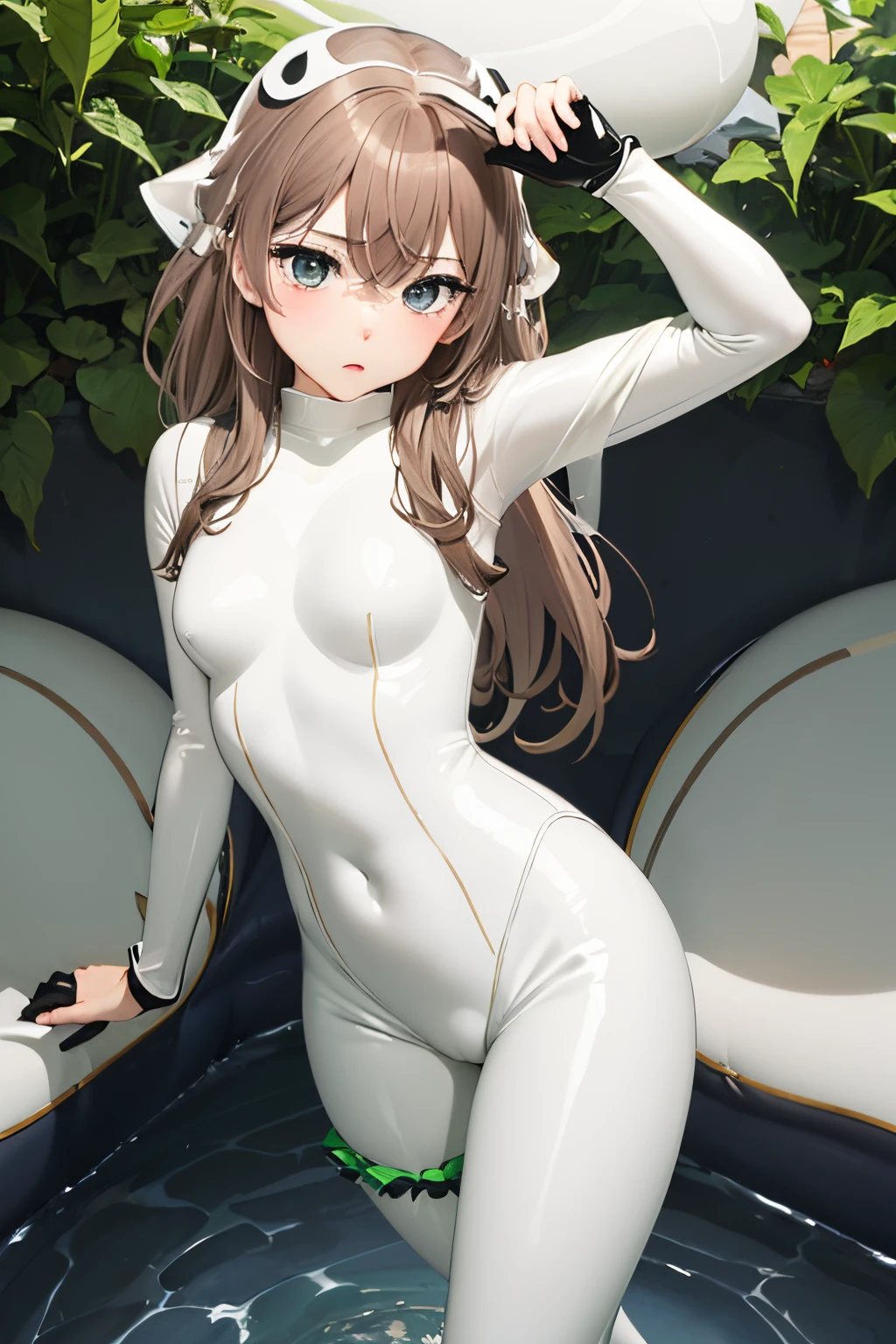 the real thing、女の子1人、ligh brown hair、Longhaire、Twin-tailed、Bewitching face、Green eyes、Infant body shape、((small tits))、((white rubber suit:1.5))、((big breasts thin waist))、a wet body、cowboy  shot、Forward-facing、Shiny body、pee、Looking at the camera、((genitals are visible))、((Spread your legs apart))、Shoot from above、​masterpiece、top-quality