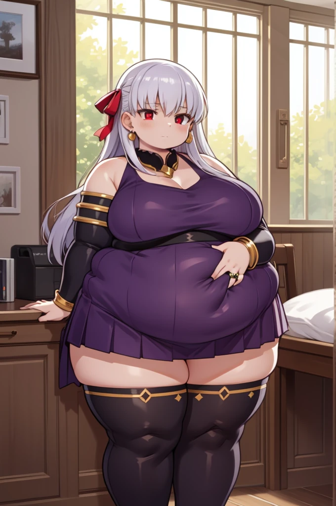 obese fgokama, kama, hair ribbon, (red eyes:1.5), red ribbon, ribbon, long hair, white hair,
BREAK armlet, bare shoulders, bikini armor, fat arms, fat butt, bracelet, collar, detached sleeves, dress, earrings, floral print, jewelry, metal collar, miniskirt, pelvic curtain, purple dress, purple skirt, purple sleeves, purple thighhighs, ring, skirt, thighhighs, thickthighs, thighlet,
BREAK looking at viewer, rubbing belly
BREAK indoors, bedroom dark
BREAK (masterpiece:1.2), best quality, high resolution, unity 8k wallpaper, (illustration:0.8), (beautiful detailed eyes:1.6), extremely detailed face, perfect lighting, extremely detailed CG, (perfect hands, perfect anatomy),