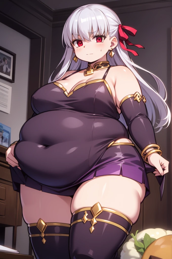 obese fgokama, kama, hair ribbon, (red eyes:1.5), red ribbon, ribbon, long hair, white hair,
BREAK armlet, bare shoulders, bikini armor, fat arms, fat butt, bracelet, collar, detached sleeves, dress, earrings, floral print, jewelry, metal collar, miniskirt, pelvic curtain, purple dress, purple skirt, purple sleeves, purple thighhighs, ring, skirt, thighhighs, thickthighs, thighlet,
BREAK looking at viewer, rubbing belly
BREAK indoors, bedroom dark
BREAK (masterpiece:1.2), best quality, high resolution, unity 8k wallpaper, (illustration:0.8), (beautiful detailed eyes:1.6), extremely detailed face, perfect lighting, extremely detailed CG, (perfect hands, perfect anatomy),