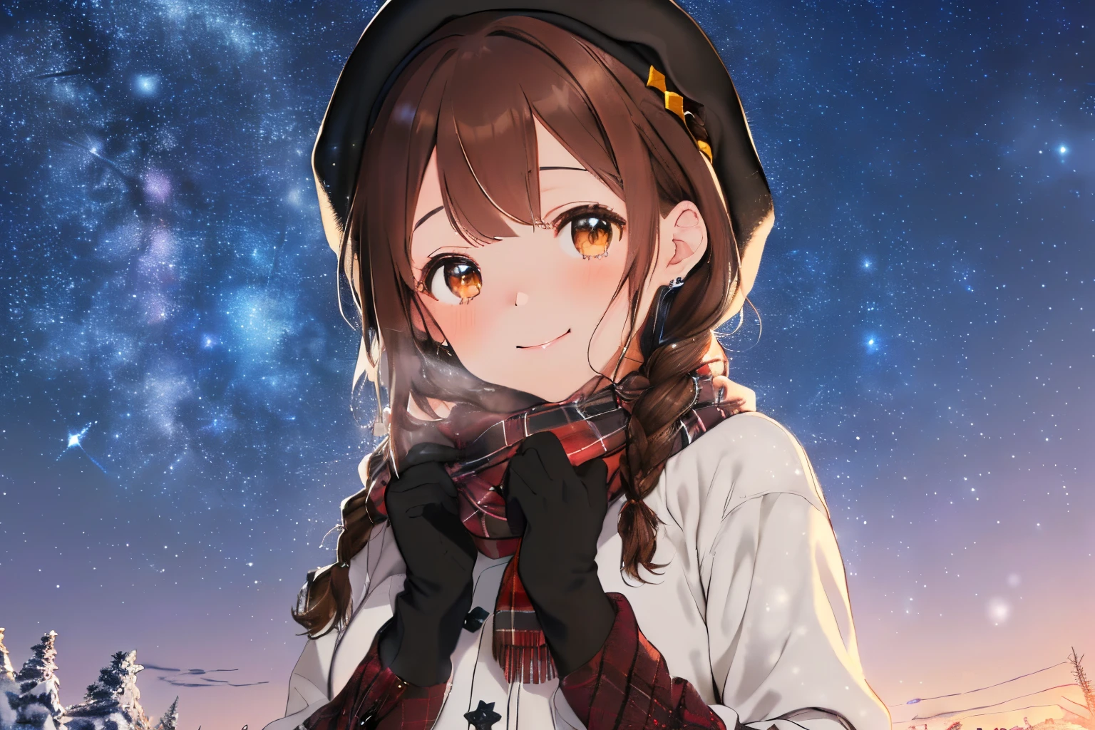 ((starry sky in winter clear air)),(Stargazing),((Starry sky)),((Brown hair)),((Braided shorthair)),((With bangs)),((Brown eyes)),Slight red tide,((A fluffy scarf that covers your white chin)),((white winter thick down jacket)),((Plaid shirt)),(black skirt and black tights),((Hats for the winter)),((red winter gloves)),(Looking at me with a smile),((View from directly below)),
