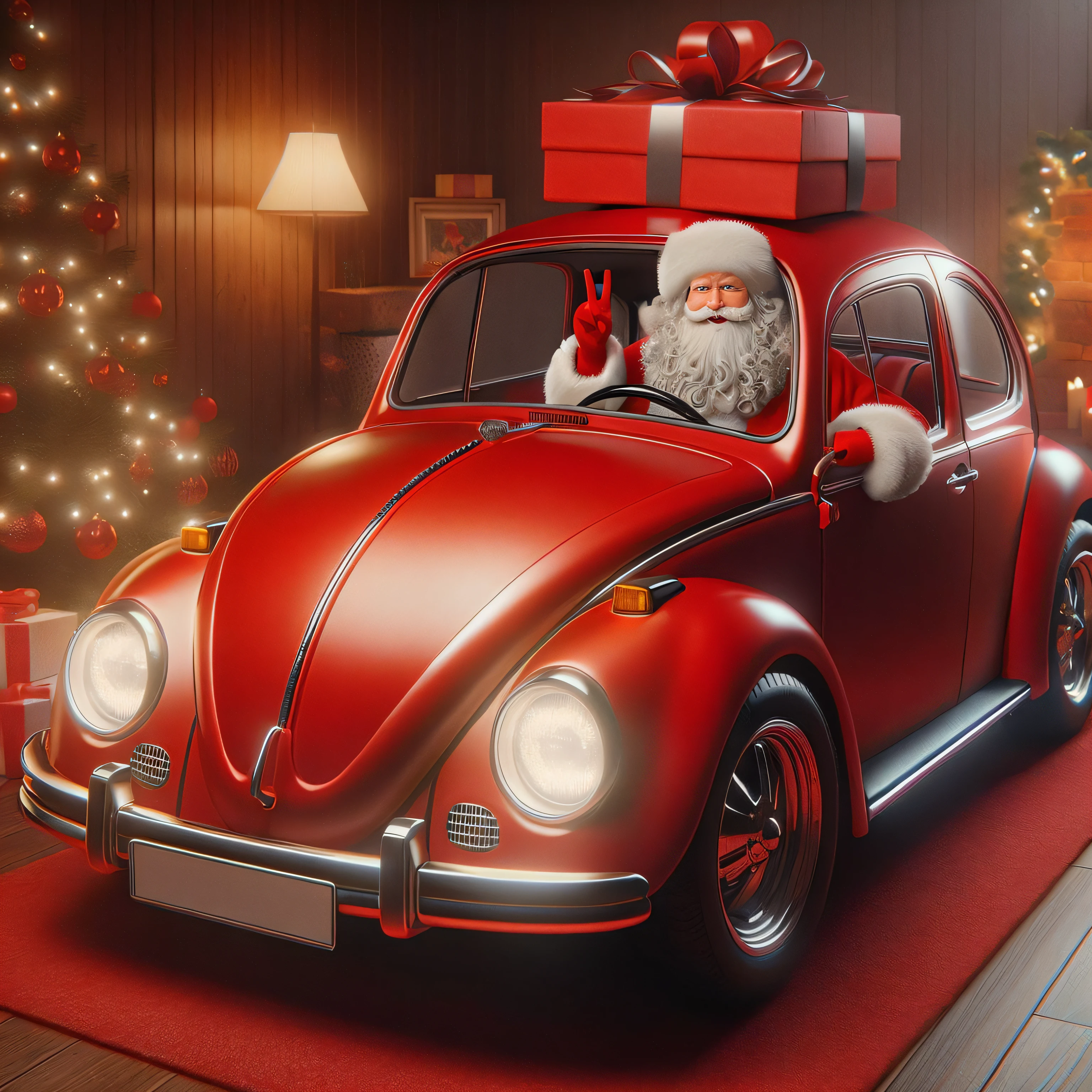 Santa Claus driving a red VW bug with a Christmas tree in the background, feito com motor irreal, photorealistic render in octane, Rastreamento de vray, Ray Tracing ativado |, ultra realistic 3d illustration, um hiper realista, hyper detailed 3d render, hyper detailed 3d render, 8k, 8 mil, feito em motor unreal, semi-realistic rendering