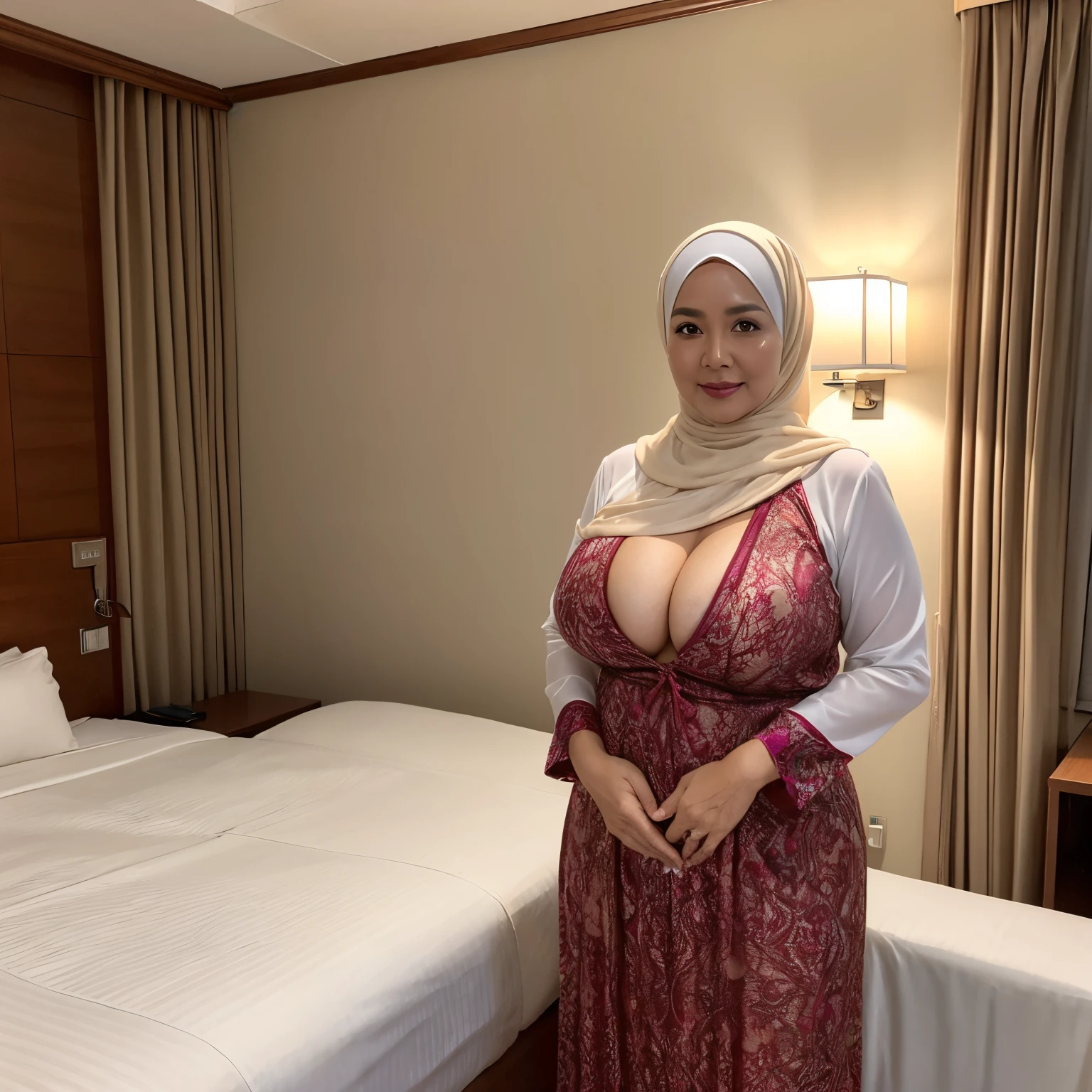 56 years Old, Hijab Indonesian mature woman, Extra Large Mature Tits : 56.9, Transparent Gamis, Curvy body, Large Breast About To burst Out, At Hotel Room, High light, at Nighttime.