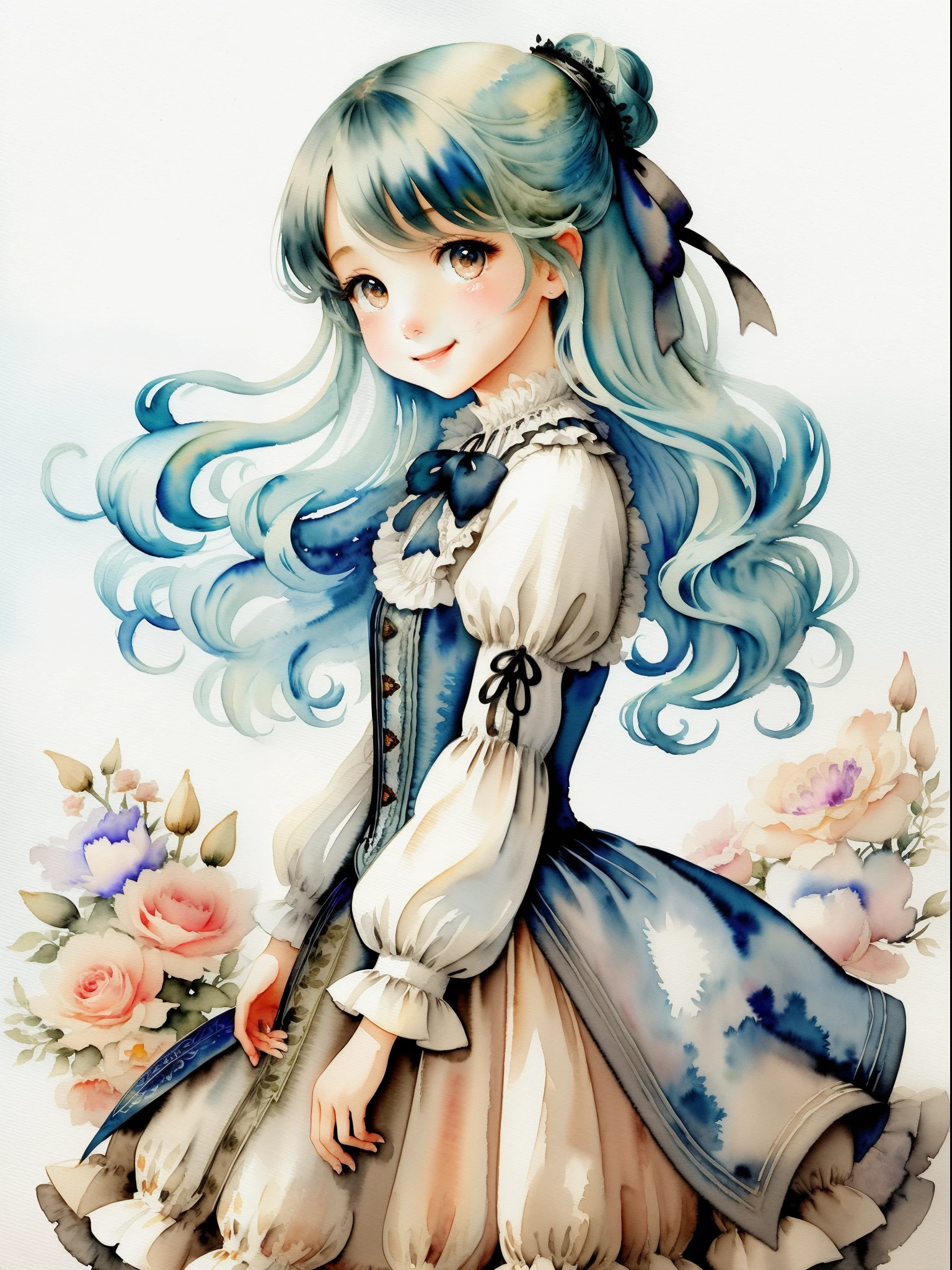 illustratio、watercolor paiting、 Fantasia、 victorian girl、length hair、cute little、Deformed、portraitures、Smile