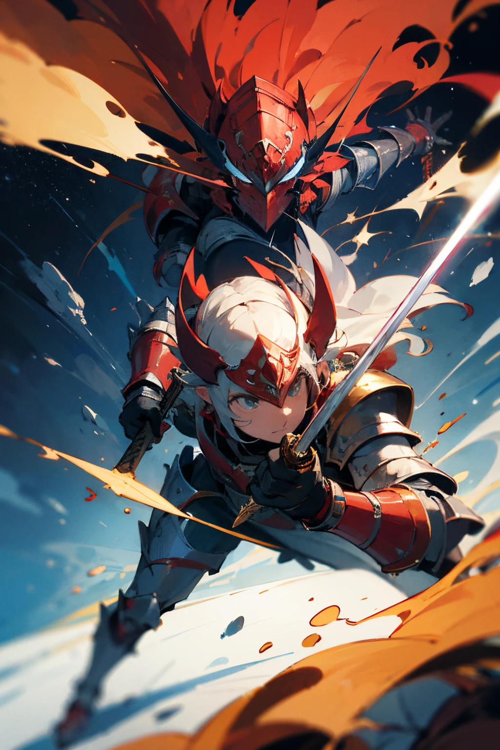 warrior, holding sword, fighting a cosmic being, wear red and black armor, peak human, 4k, masterpiece