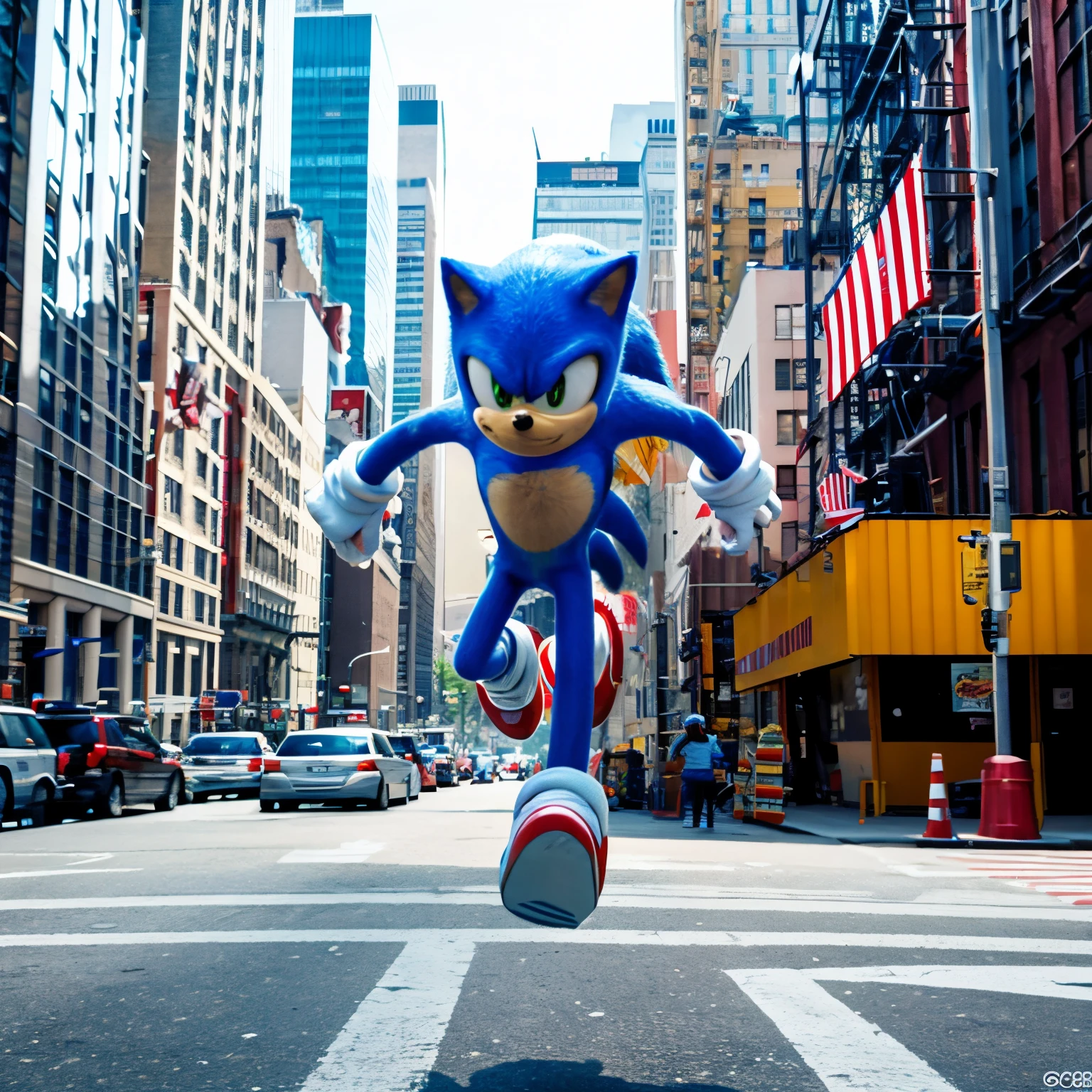 Sonic running through the streets of New York　Tall buildings