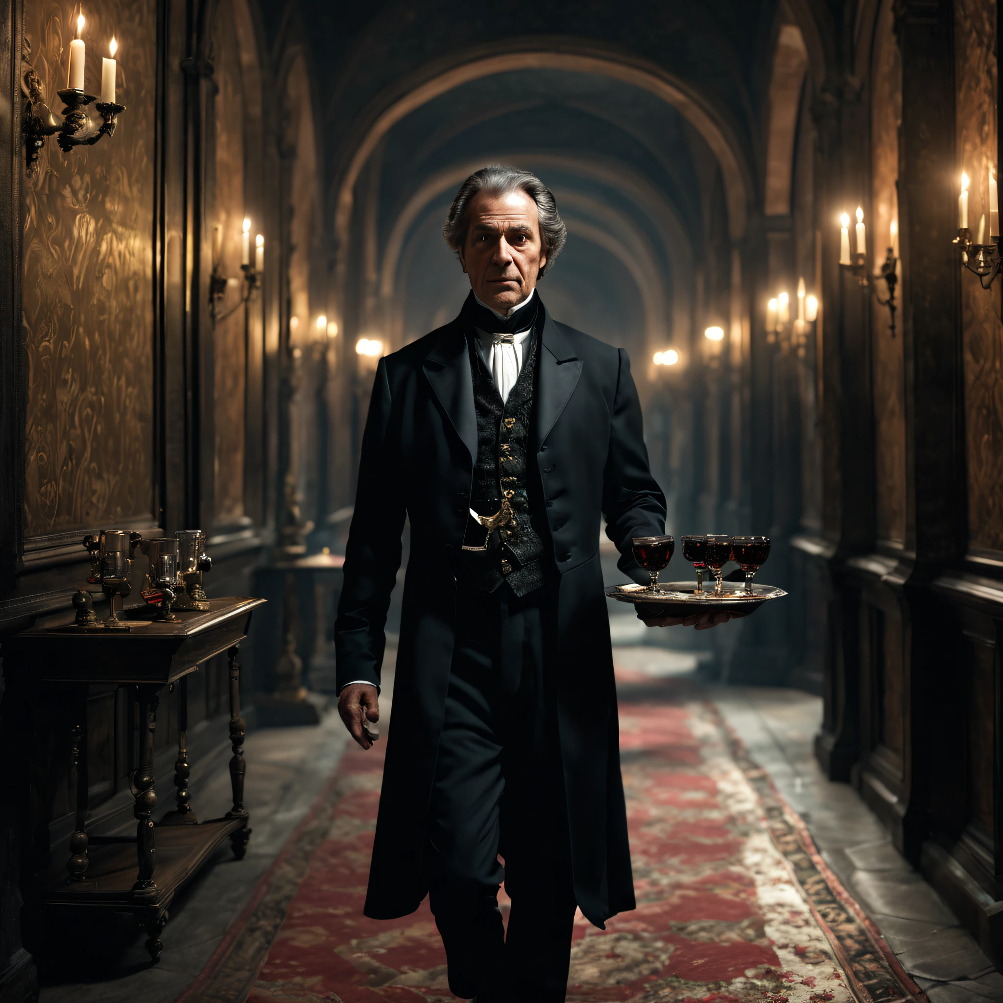 movie scenes, (full-body close-up), an ancient vampire butler, 60 years old, brown hair, dressed in a medieval black dress and holding a ornate silver tray with a bottle of crimson blood and a pair of delicate wine glasses, corridors, walking, mysterious, ancient, intricate detail, highly detailed, volumetric lighting, 4k rendering, stock photo, ultra-realistic, realistic textures, dramatic lighting, depth of field, film