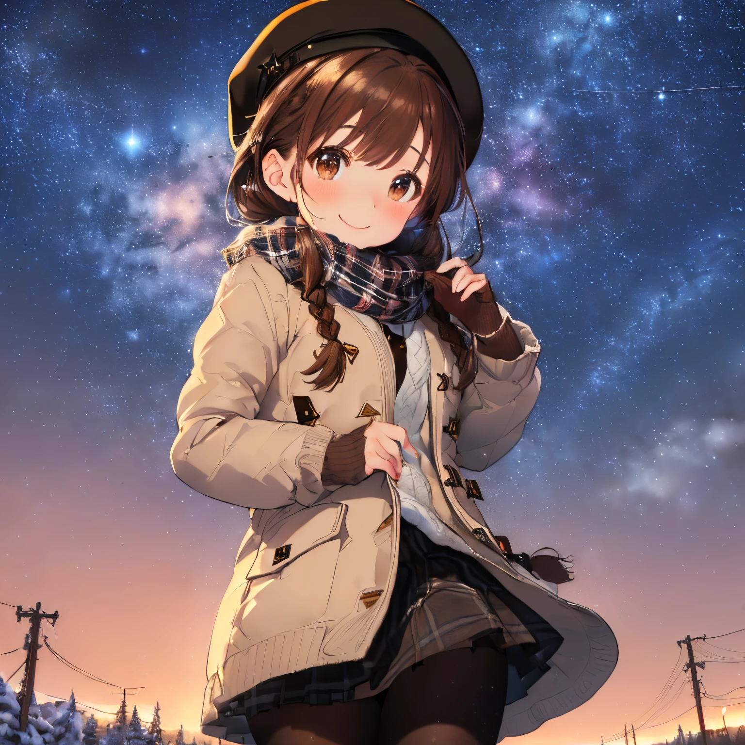 ((starry sky in winter clear air)),(Stargazing),((Starry sky)),((Brown hair)),((Braided shorthair)),((With bangs)),((Brown eyes)),Slight red tide,((A fluffy scarf that covers your white chin)),((white winter thick down jacket)),((Plaid shirt)),(black skirt and black tights),((Hats for the winter)),((red winter gloves)),(Looking at me with a smile),((View from directly below)),