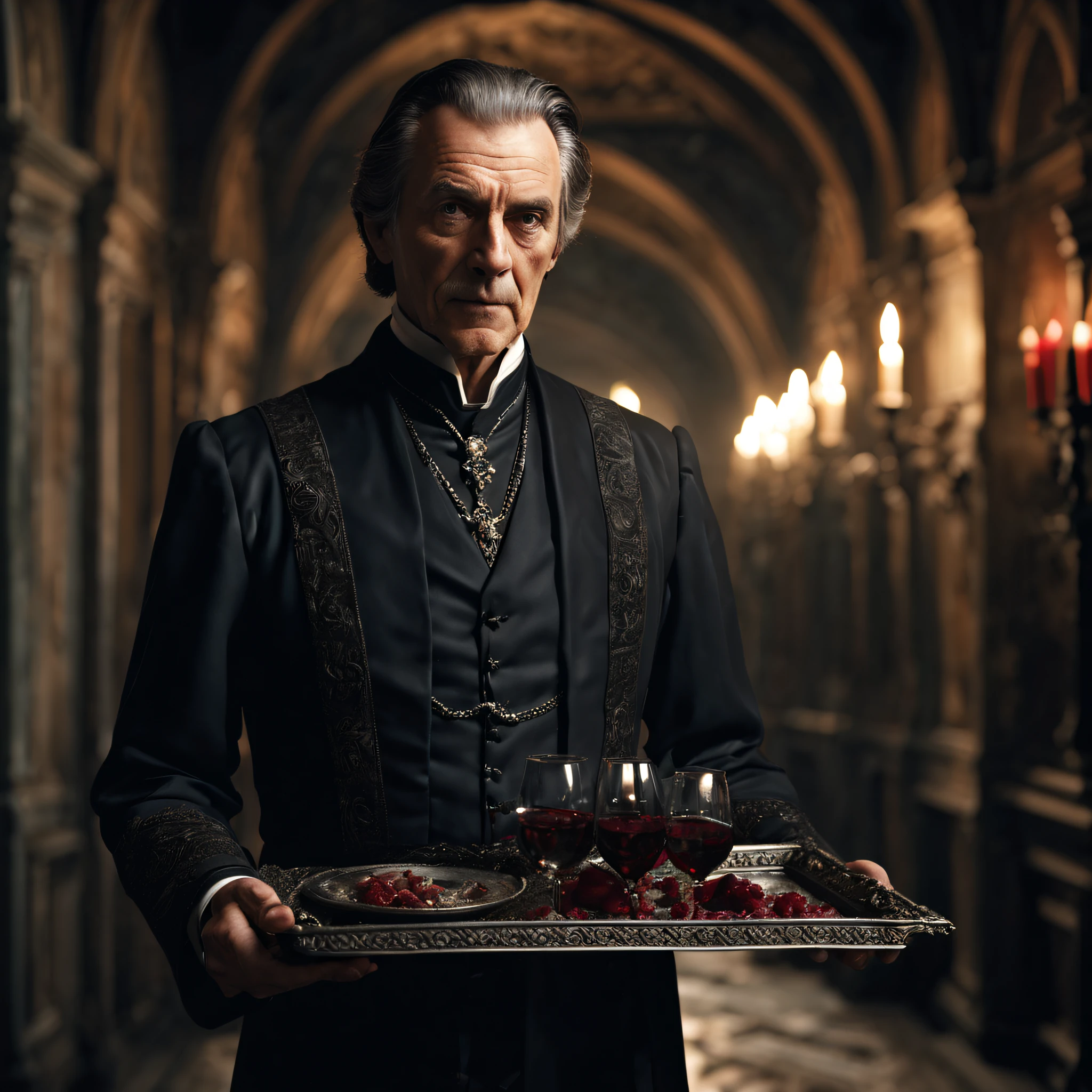 movie scenes, (full-body close-up), an ancient vampire butler, 60 years old, brown hair, dressed in a medieval black dress and holding a ornate silver tray with a bottle of crimson blood and a pair of delicate wine glasses, corridors, walking, mysterious, ancient, intricate detail, highly detailed, volumetric lighting, 4k rendering, stock photo, ultra-realistic, realistic textures, dramatic lighting, depth of field, film