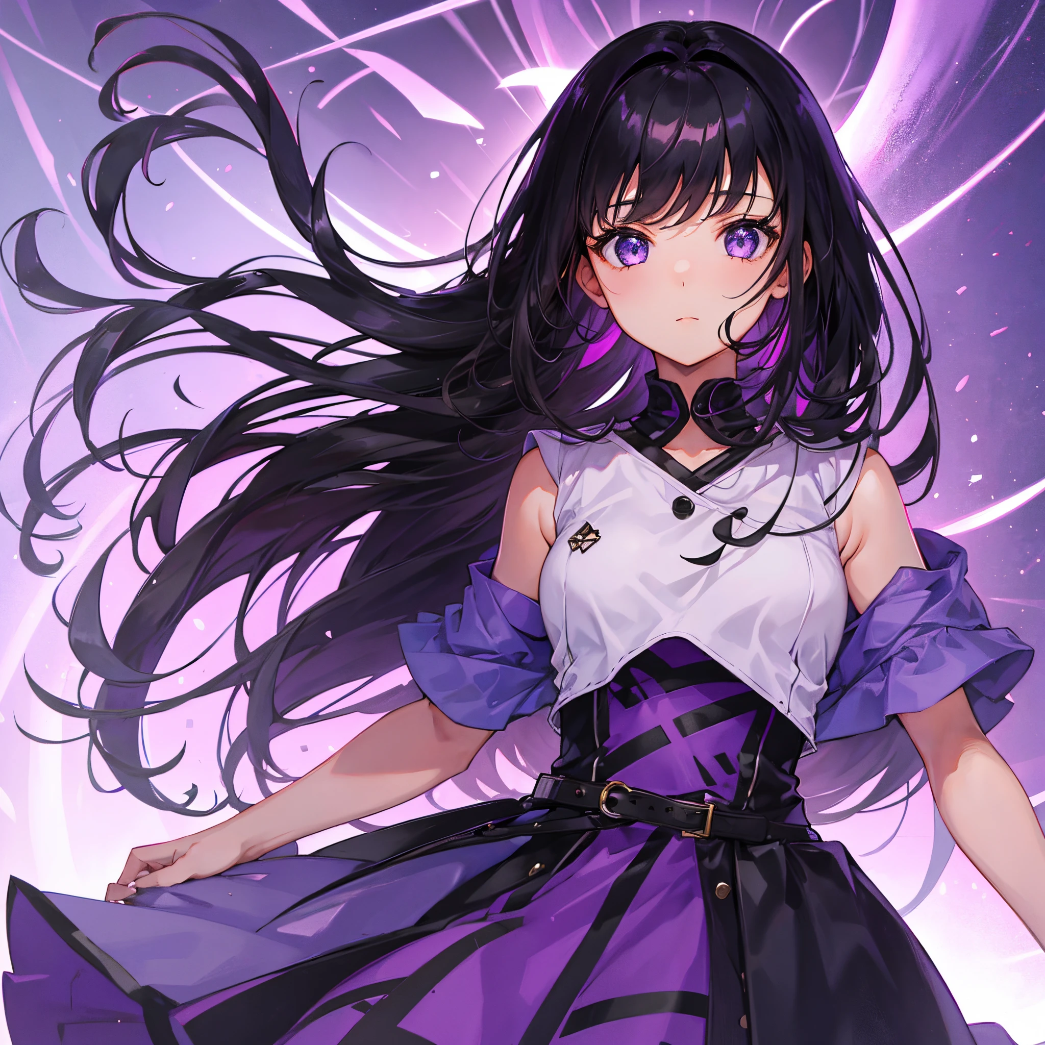 girl with,Dark hair,Purple eyes,Bright background