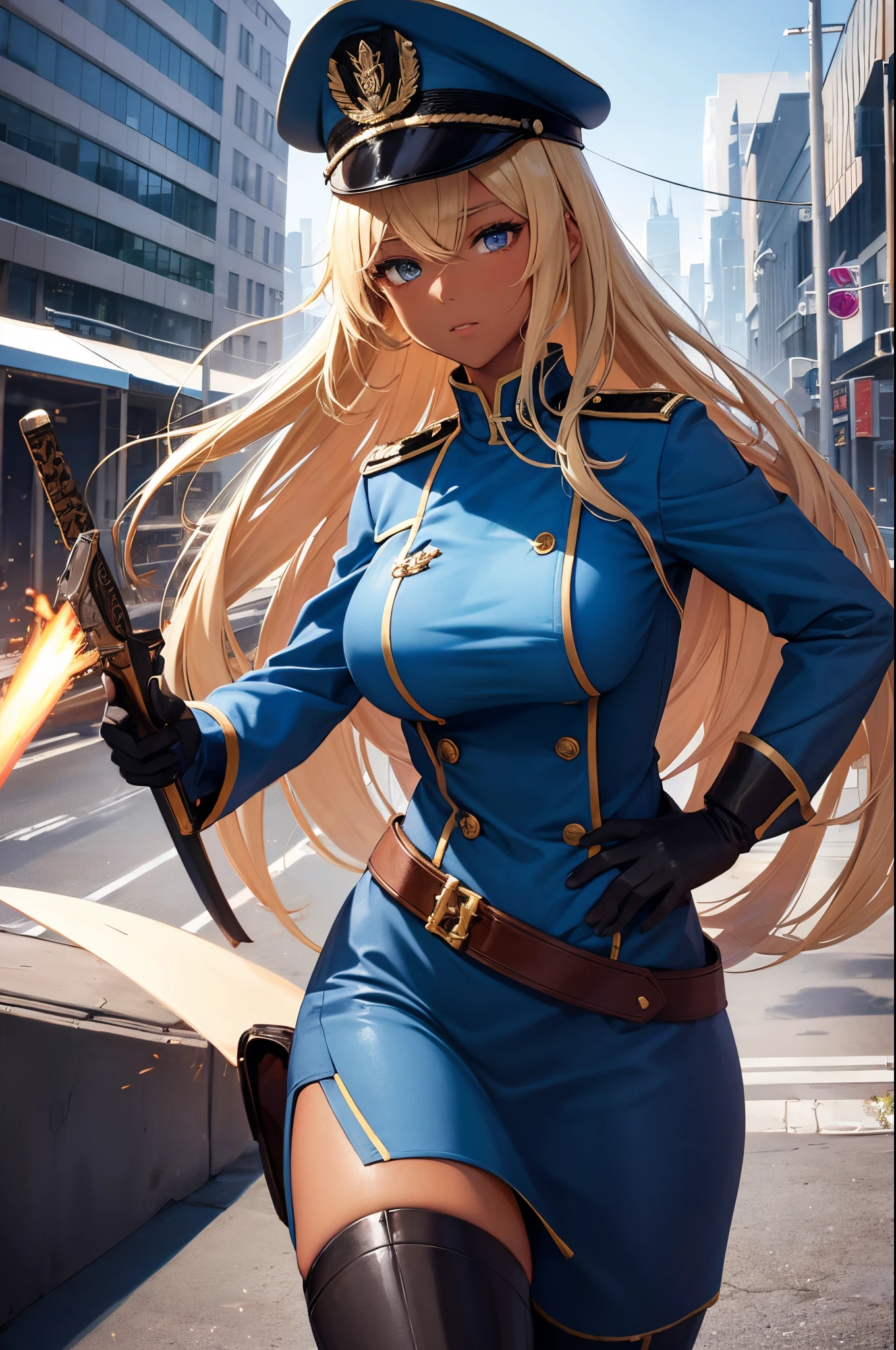 Female, Hime Cut Blonde hair, Blue eyes, dark brown skin, large breasts, wearing a military uniform and military cap and wielding a sword. A city background during the day time.