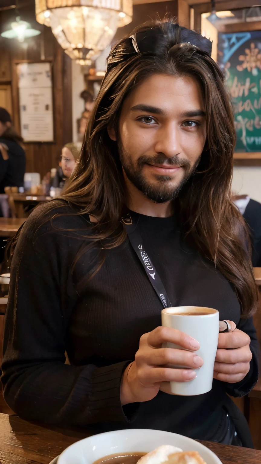 (best quality,4k,highres,ultra-detailed,realistic:1.37),vibrant portrait,beautiful cafe worker lady with a beard,long beautiful hair,manly chiseled face,expressive eyes,lovely smile,stylish outfit,confident stance,coffee cup,cozy atmosphere,artistic lighting,rich color palette,bokeh