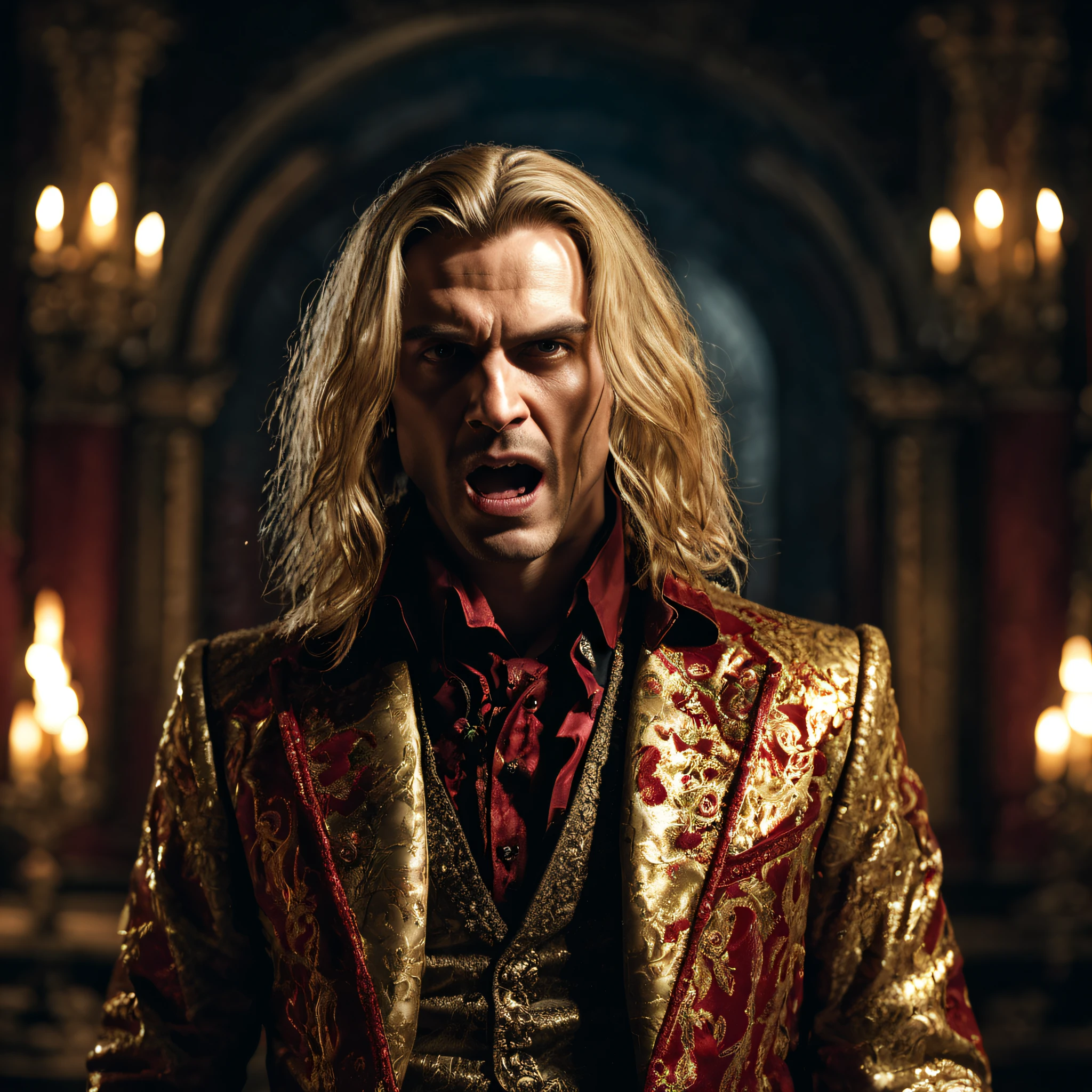 movie scenes, ((full-body: 1.5)), handsome, blonde and long hair, vampire in a blood and gold suit, (looking at the camera: 1.3), angry and shouting, mysterious, ancient, intricate detail, highly detailed, volumetric lighting, 4k rendering, stock photo, ultra-realistic, realistic textures, dramatic lighting, depth of field, film, (very wide angle: 1.3), dark light, wide angle