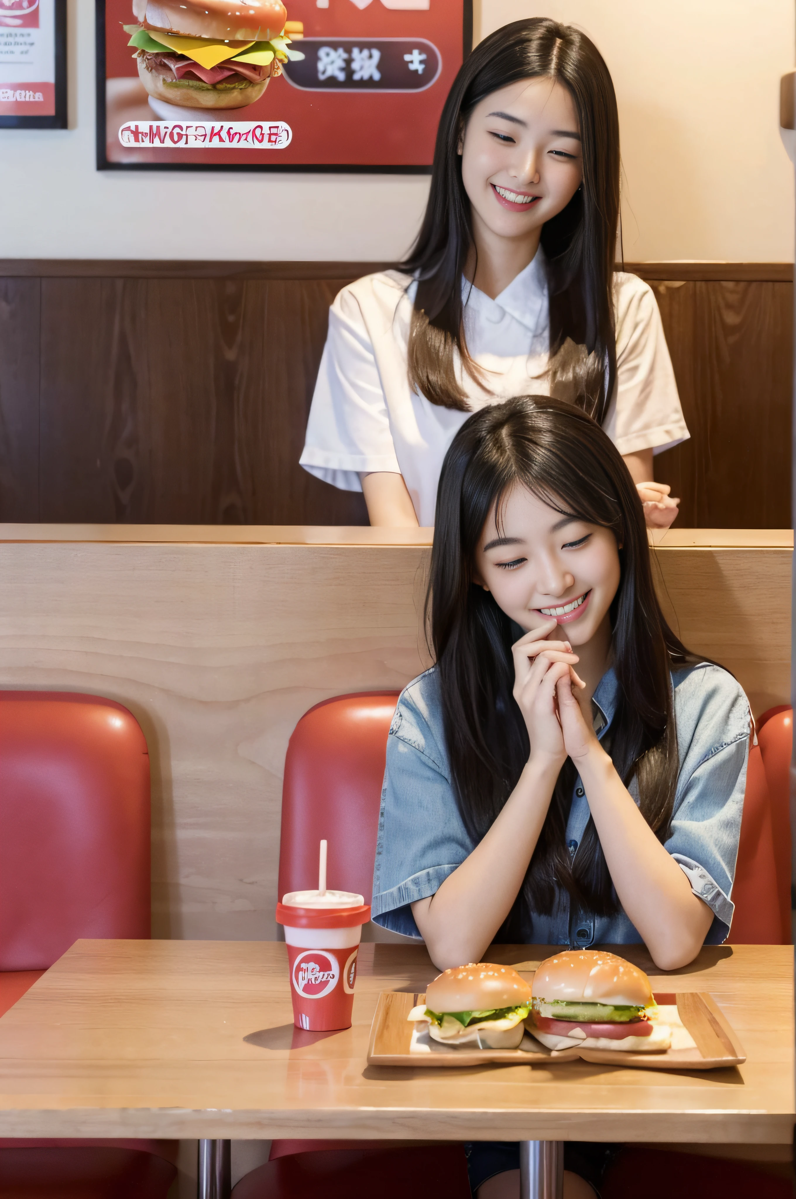 1 beauty, 18 high school girls, Watery Big Eyes,serafuku, (Happy smile),long eyelasher, Blushlush,Black Perm Hair,At the table in a fast food restaurant, (Close your eyes, Smile and open your mouth wide), ((Gnawing on a grabbed hamburger with both hands)),(Eat cleanly)
