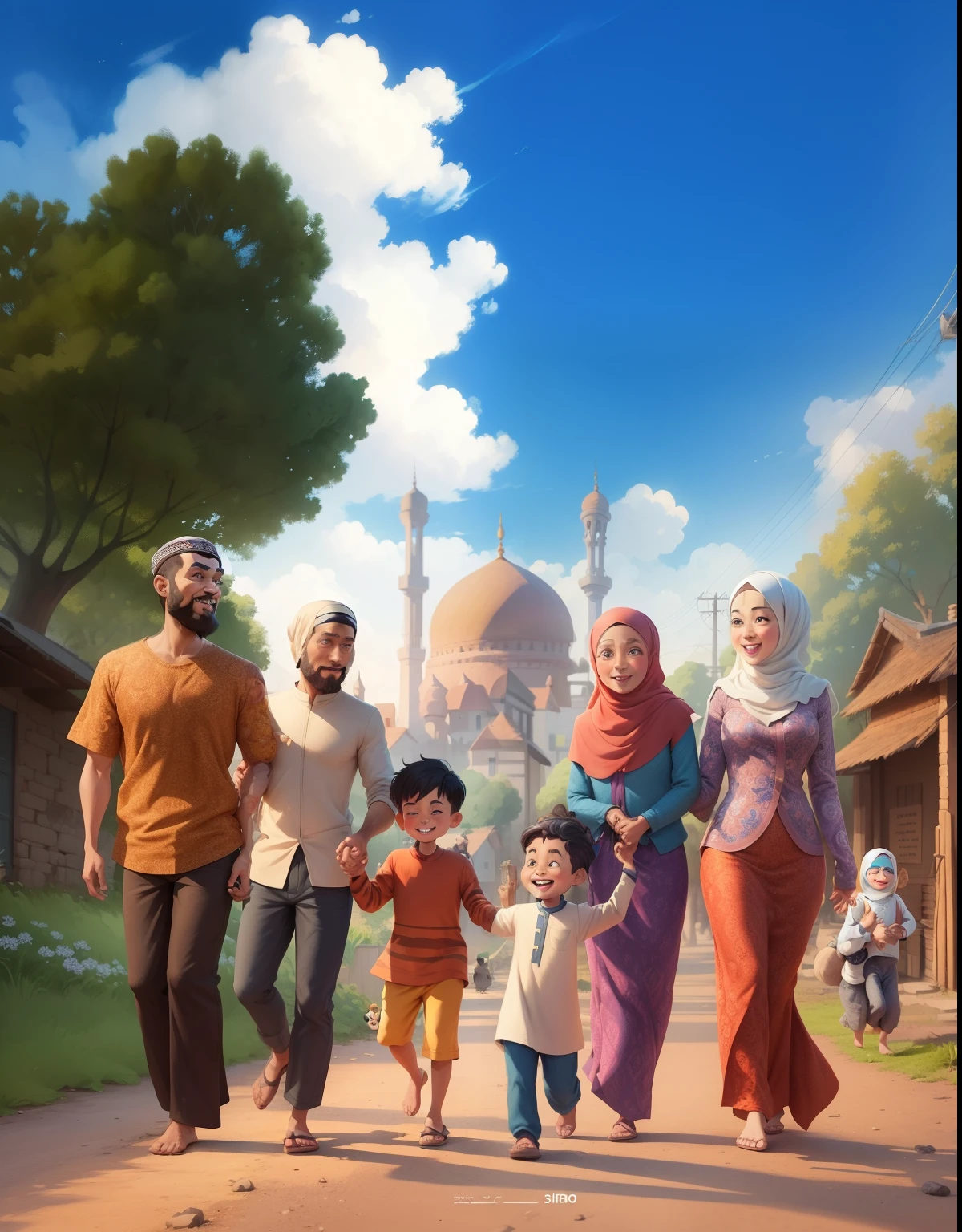 a cartoon picture of a family walking down a street, happy family, a beautiful artwork illustration, game illustration, animated film, inspired by Altoon Sultan, digital cartoon painting art, an indonesian family portrait, official illustration, background artwork, cartoon digital painting, islamic, cartoon style illustration, stylized digital illustration, muslim, realistic scene, town background, stylized